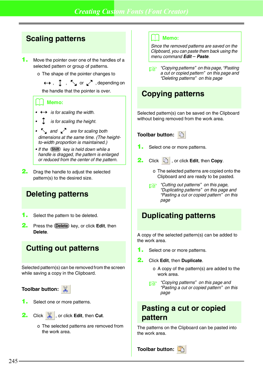 Brother PE-DESIGN V7 instruction manual Deleting patterns, Cutting out patterns, Copying patterns, Duplicating patterns 