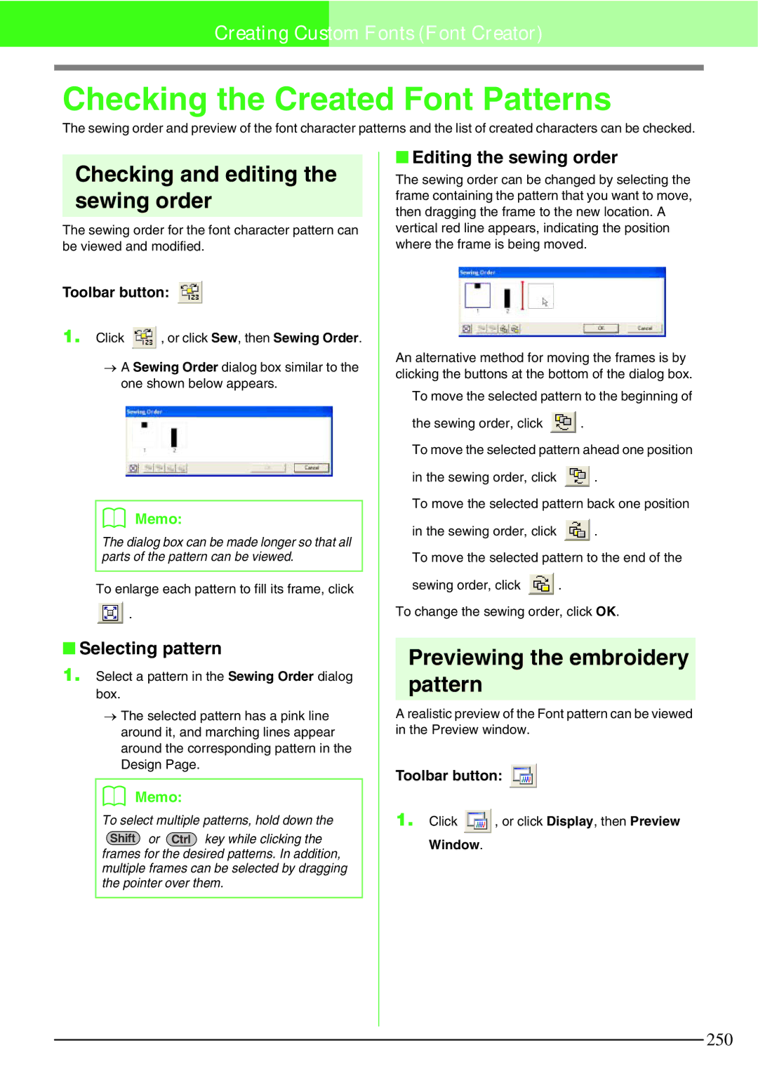 Brother PE-DESIGN V7 Checking the Created Font Patterns, Previewing the embroidery pattern, Selecting pattern 