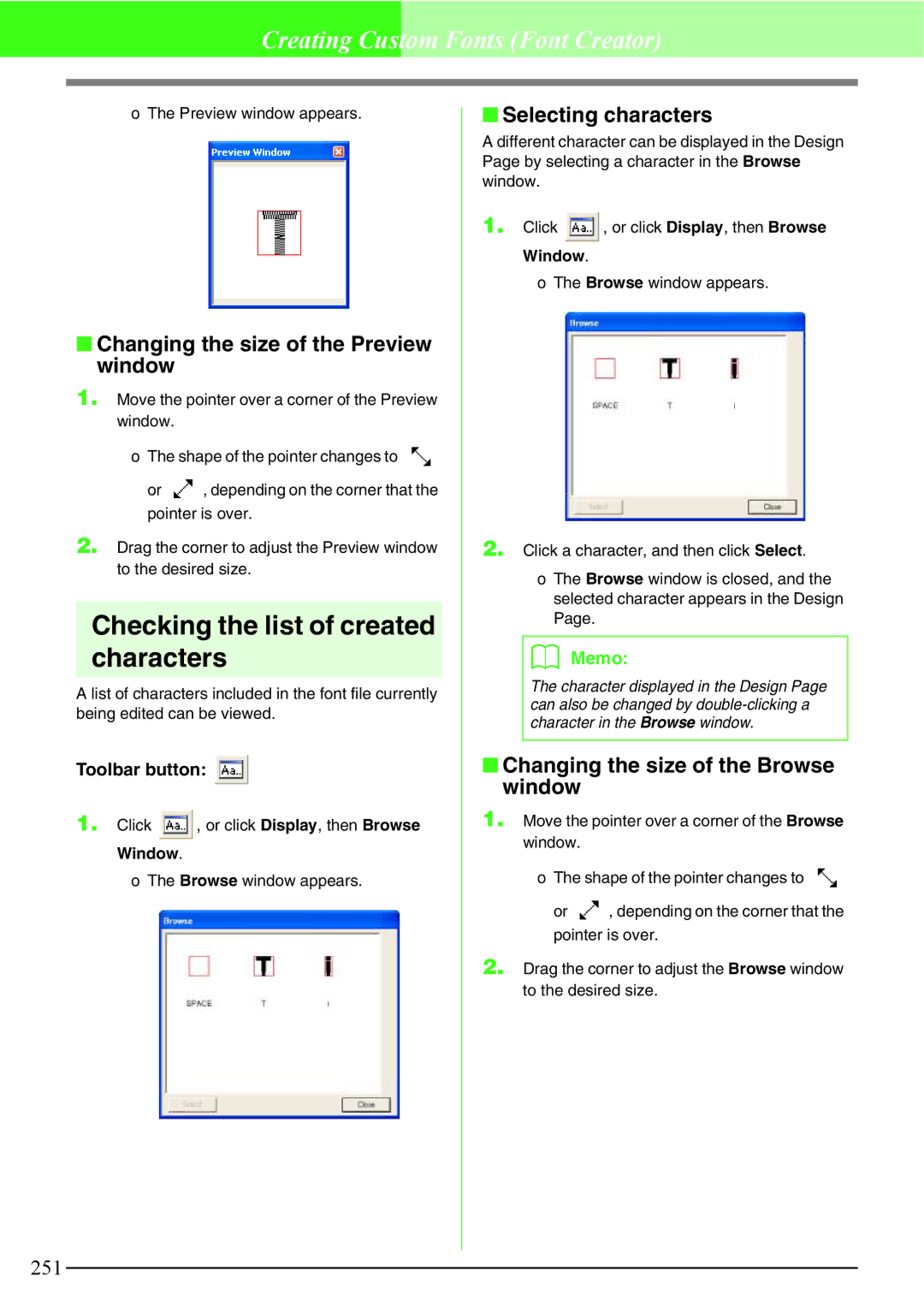 Brother PE-DESIGN V7 instruction manual Checking the list of created characters, Changing the size of the Preview window 