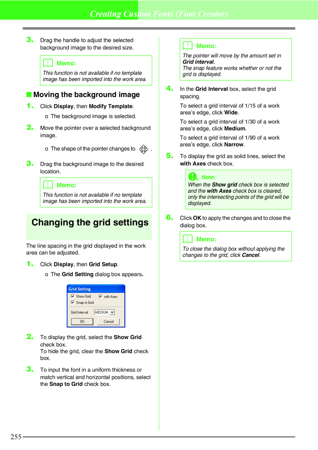 Brother PE-DESIGN V7 instruction manual Changing the grid settings, Moving the background image 