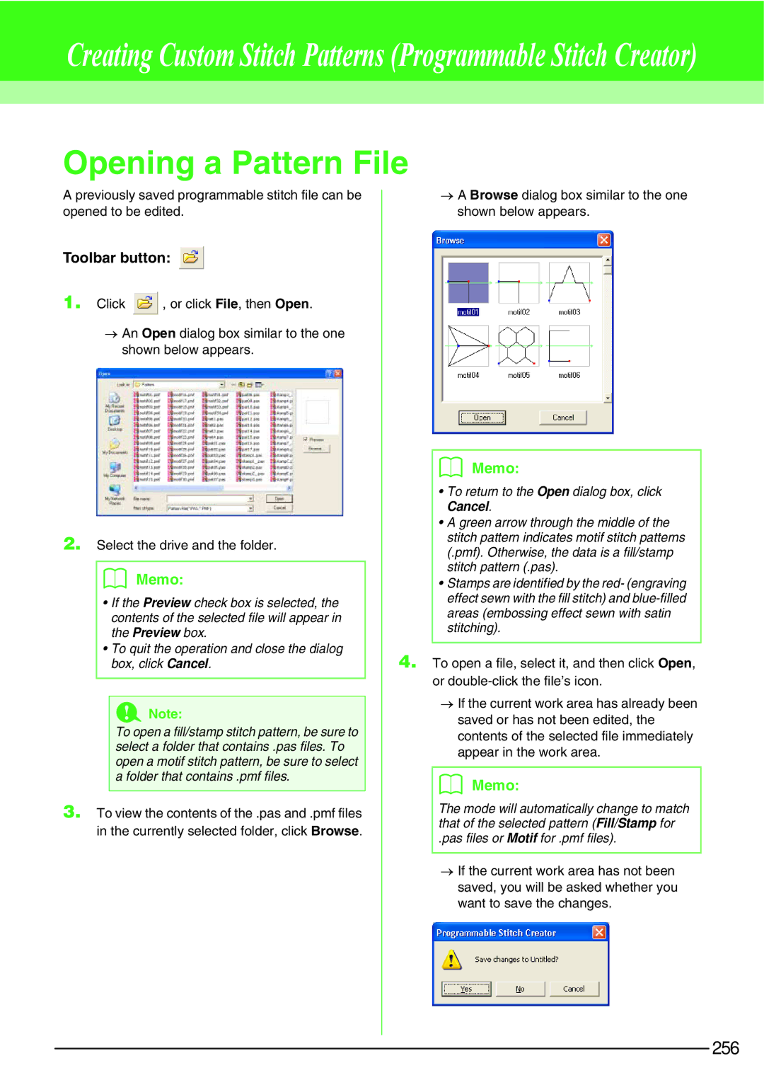 Brother PE-DESIGN V7 instruction manual Opening a Pattern File, Pas files or Motif for .pmf files 