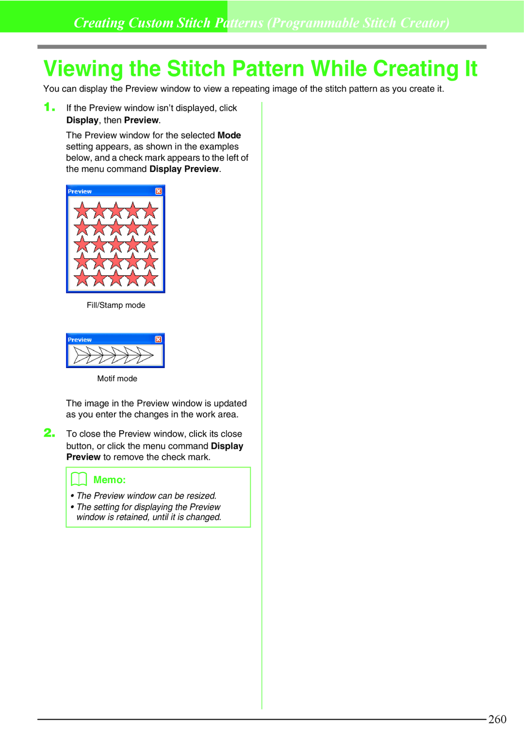 Brother PE-DESIGN V7 instruction manual Viewing the Stitch Pattern While Creating It, Preview window can be resized 