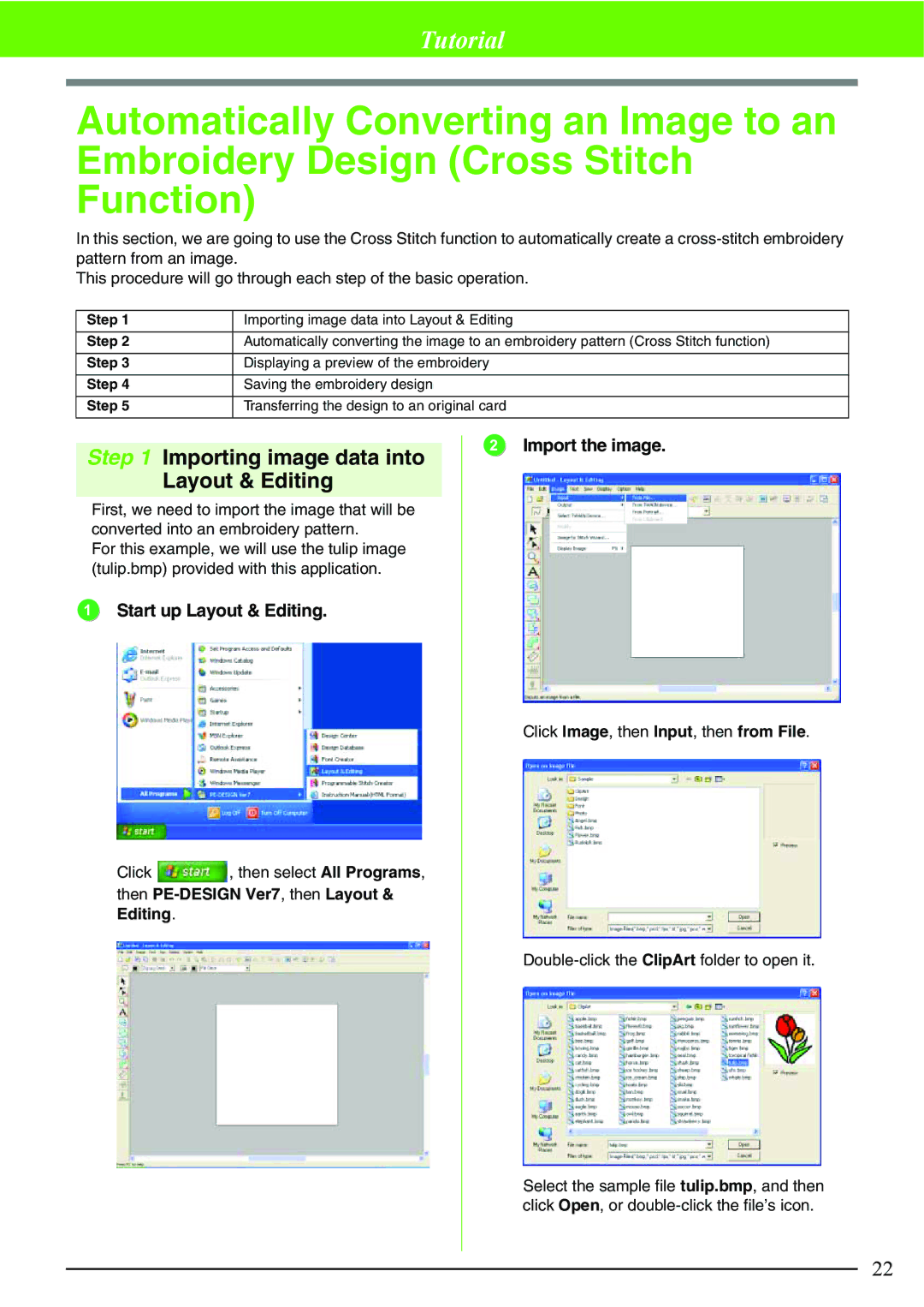 Brother PE-DESIGN V7 Importing image data into Layout & Editing, Import the image Start up Layout & Editing 