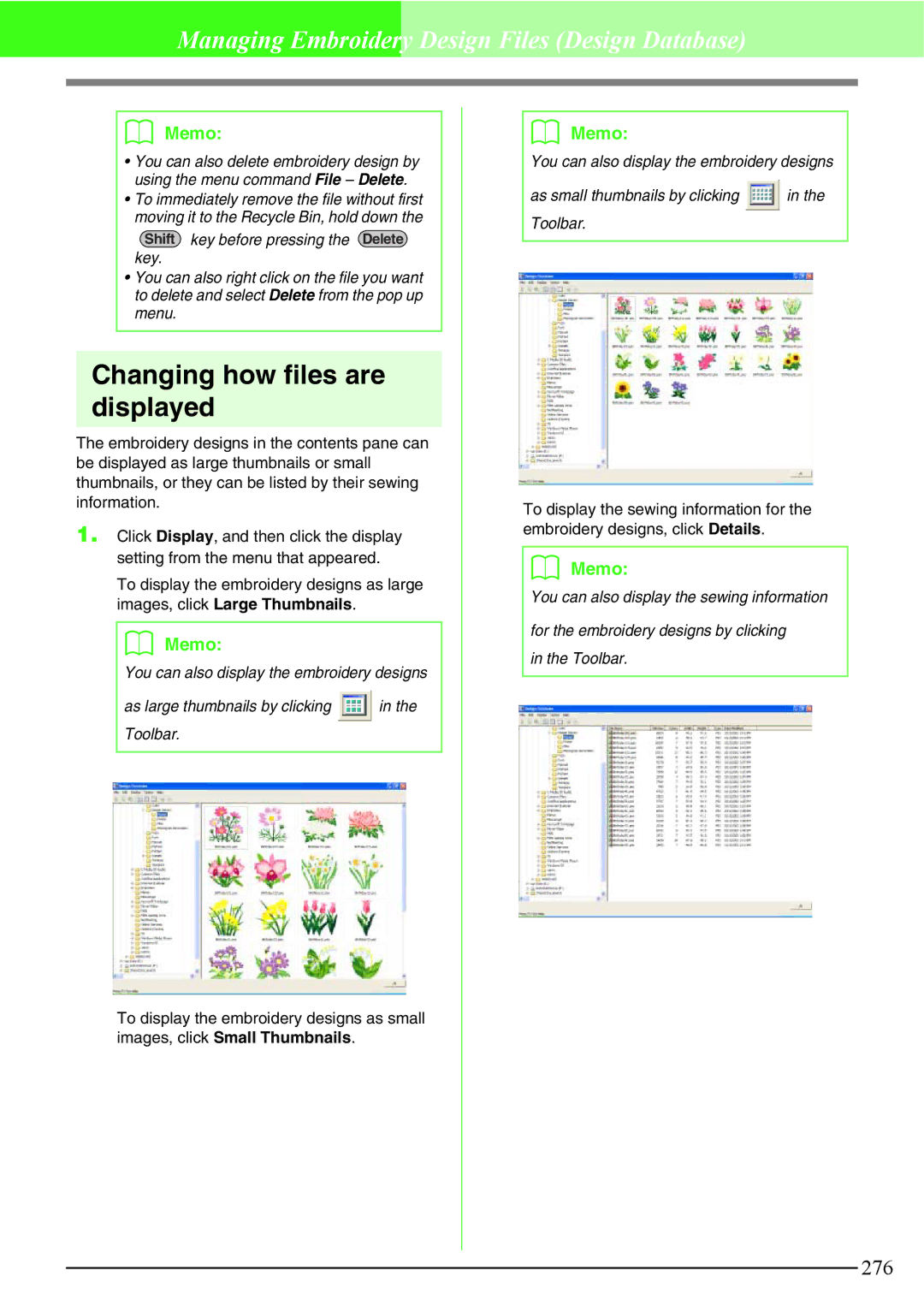 Brother PE-DESIGN V7 instruction manual Changing how files are displayed, Shift key before pressing the Delete key 