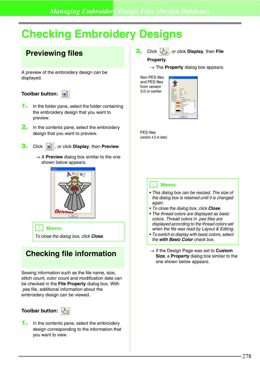 Brother PE-DESIGN V7 instruction manual Checking Embroidery Designs, Previewing files, Checking file information 