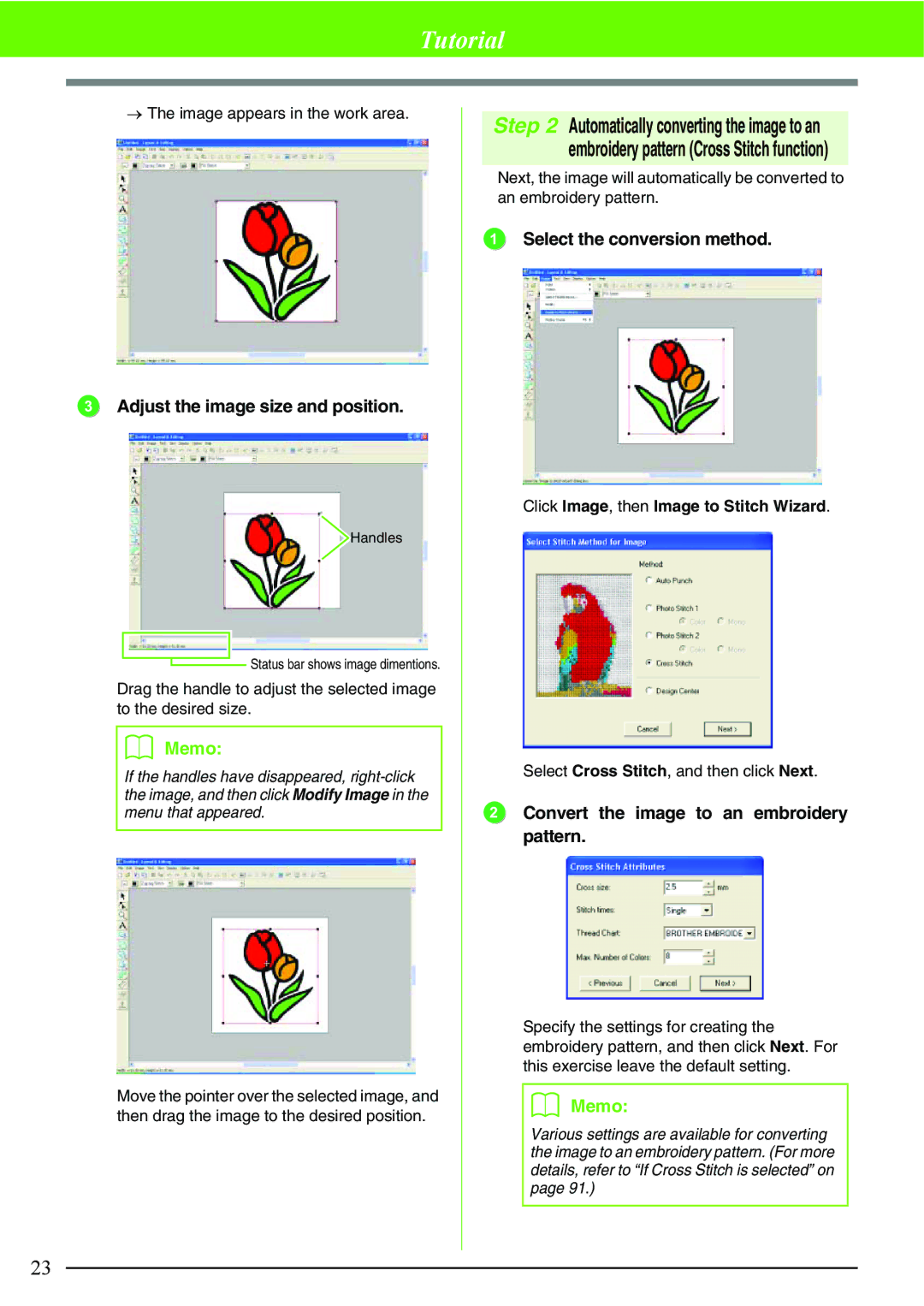 Brother PE-DESIGN V7 instruction manual → The image appears in the work area, Select Cross Stitch, and then click Next 