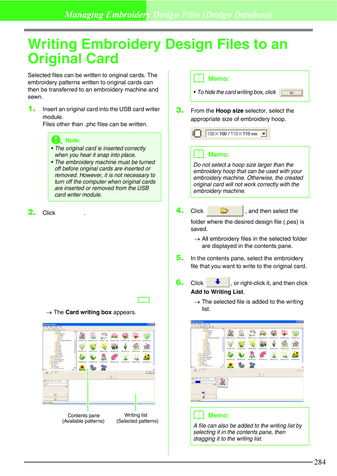 Brother PE-DESIGN V7 instruction manual Writing Embroidery Design Files to an Original Card, → The Card writing box appears 