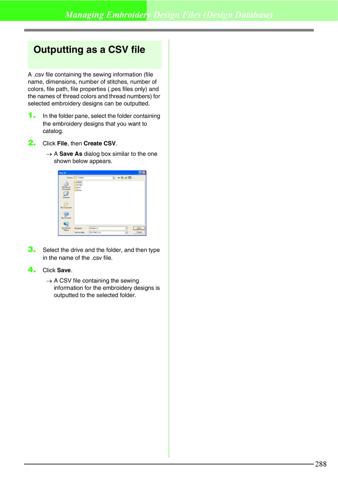 Brother PE-DESIGN V7 instruction manual Outputting as a CSV file 