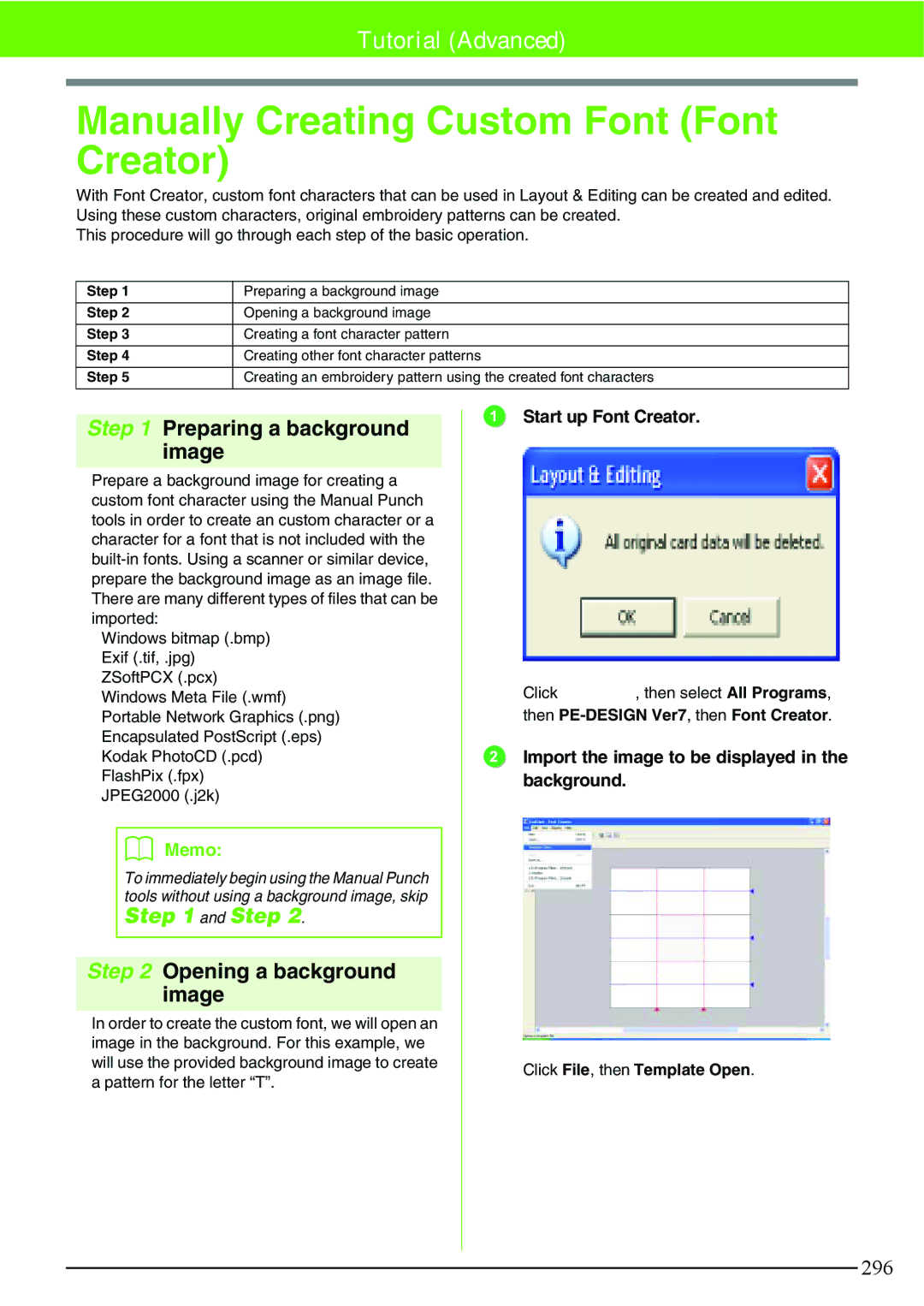 Brother PE-DESIGN V7 Manually Creating Custom Font Font Creator, Preparing a background image, Opening a background image 