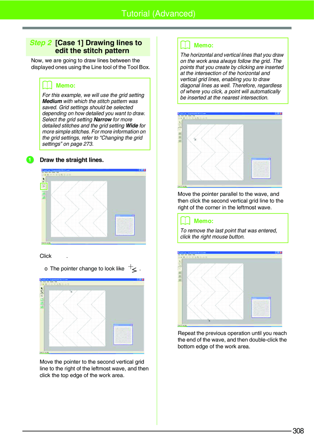 Brother PE-DESIGN V7 instruction manual Case 1 Drawing lines to edit the stitch pattern, Draw the straight lines 