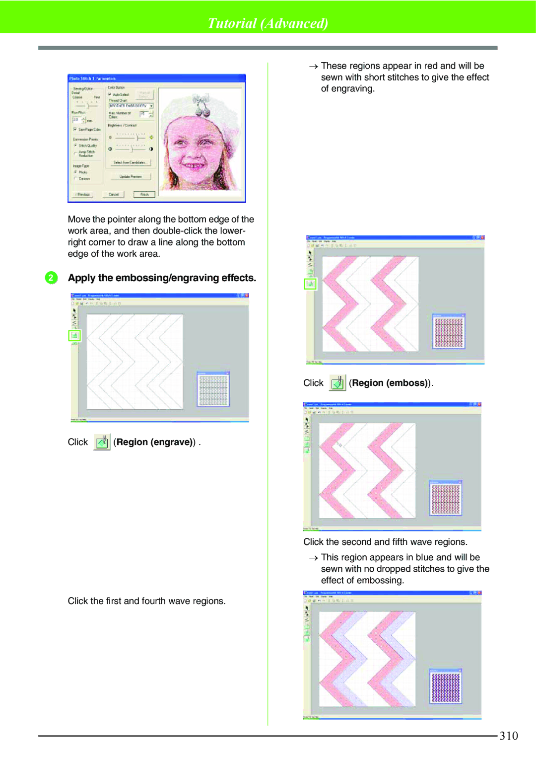 Brother PE-DESIGN V7 instruction manual Apply the embossing/engraving effects, Click Region engrave, Click Region emboss 