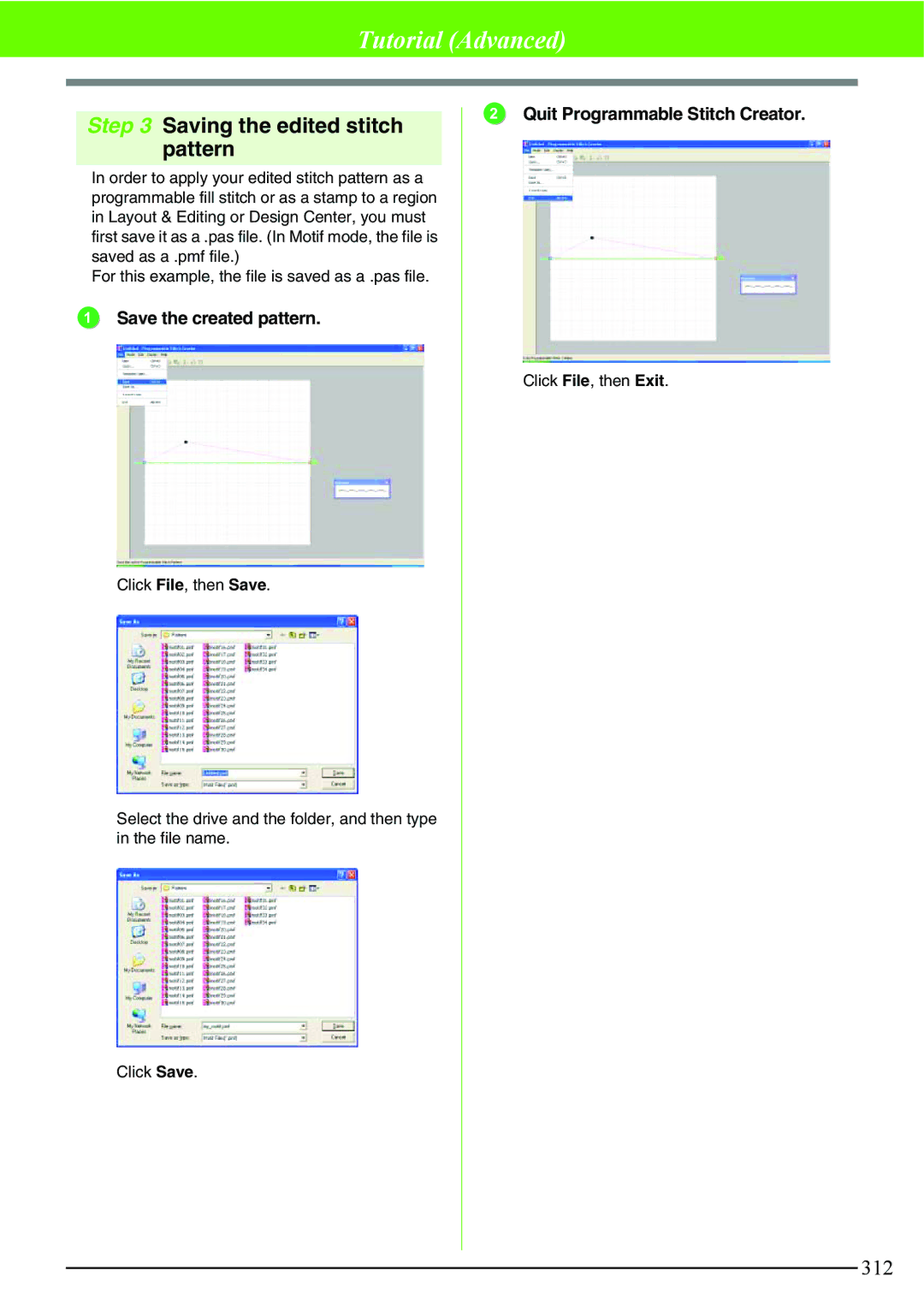 Brother PE-DESIGN V7 Saving the edited stitch pattern, Save the created pattern, Quit Programmable Stitch Creator 