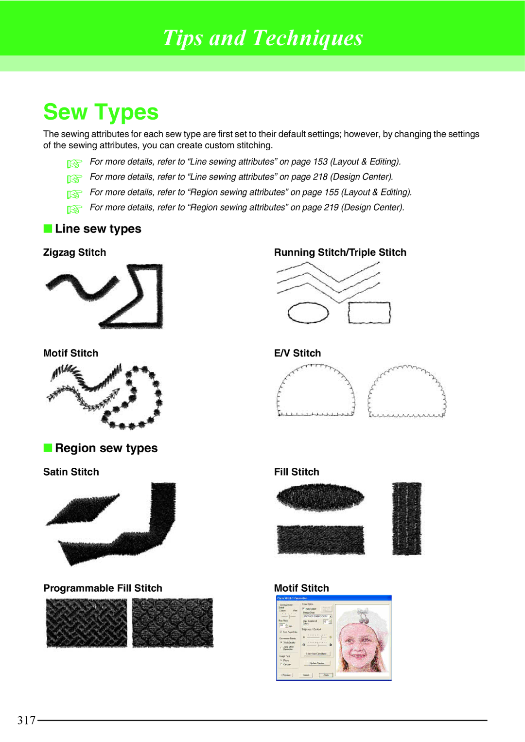 Brother PE-DESIGN V7 Sew Types, Line sew types, Region sew types, Zigzag Stitch Running Stitch/Triple Stitch Motif Stitch 