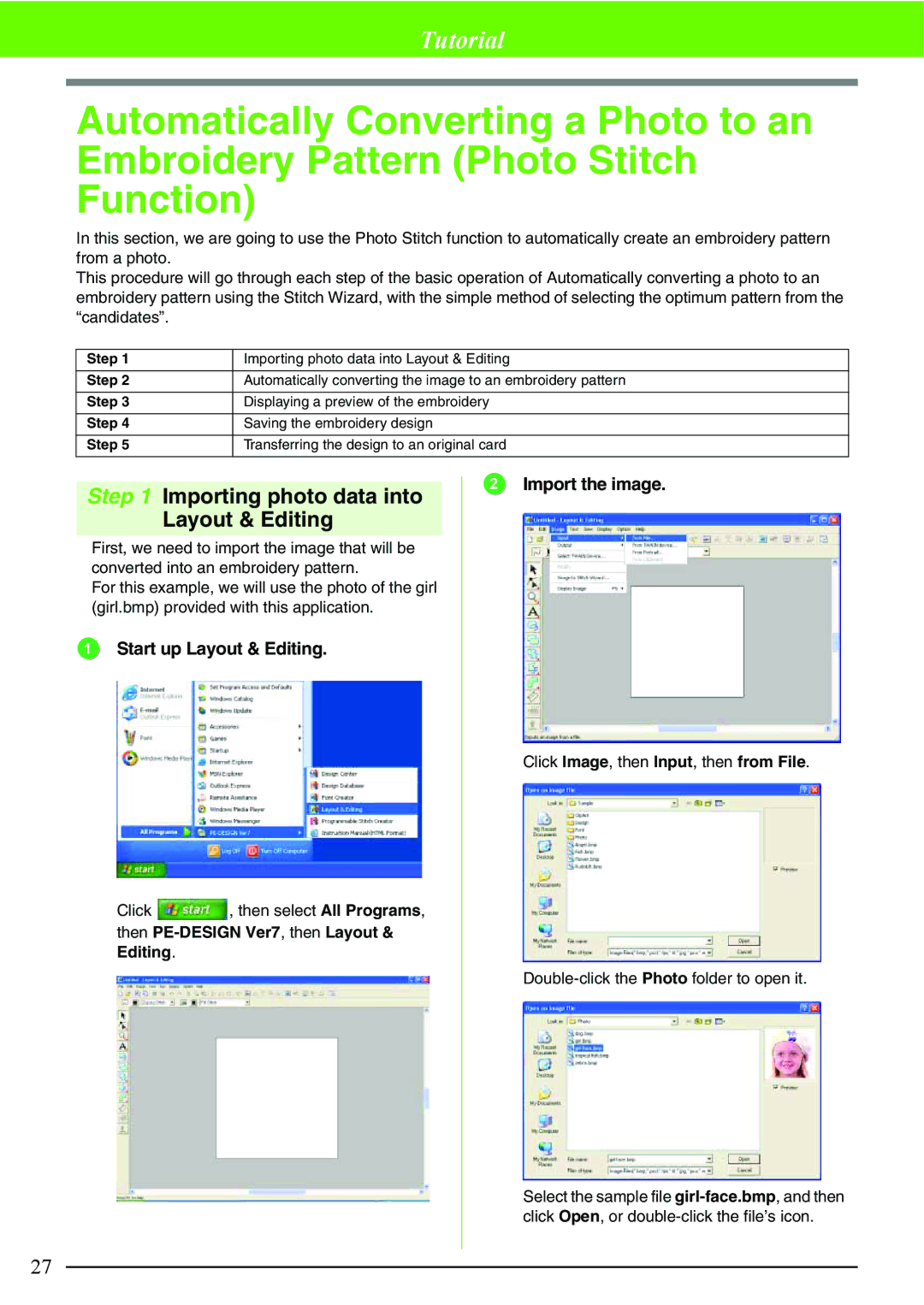 Brother PE-DESIGN V7 instruction manual Importing photo data into Layout & Editing, Start up Layout & Editing 