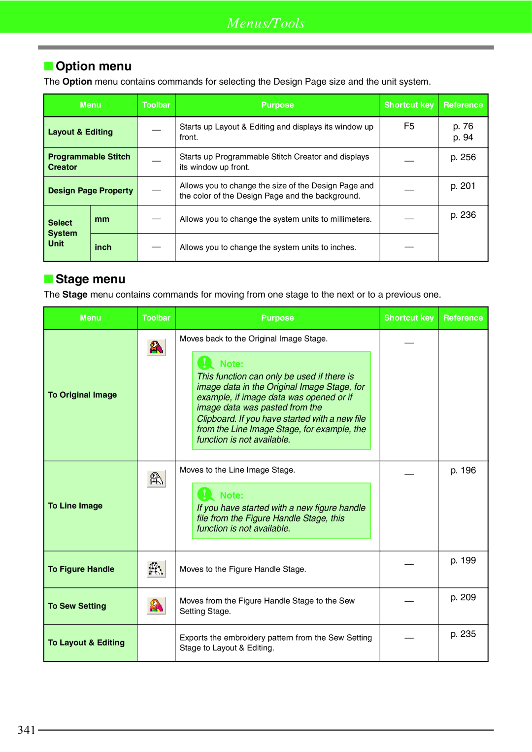 Brother PE-DESIGN V7 instruction manual Stage menu, This function can only be used if there is, Function is not available 