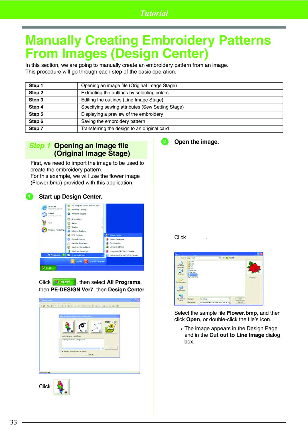 Brother PE-DESIGN V7 instruction manual Opening an image file Original Image Stage, Start up Design Center, Open the image 