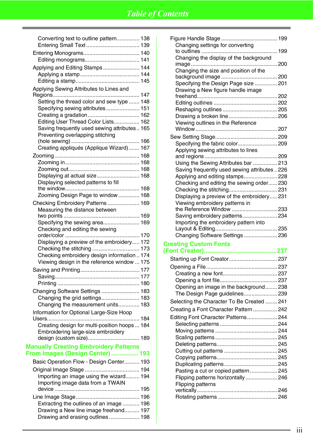 Brother PE-DESIGN V7 instruction manual 226, Applying and editing stamps 228, 230, Checking the stitching 231, 238, 241 