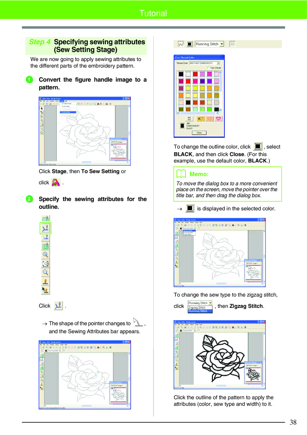 Brother PE-DESIGN V7 instruction manual Specify the sewing attributes for the outline, Click Stage, then To Sew Setting or 