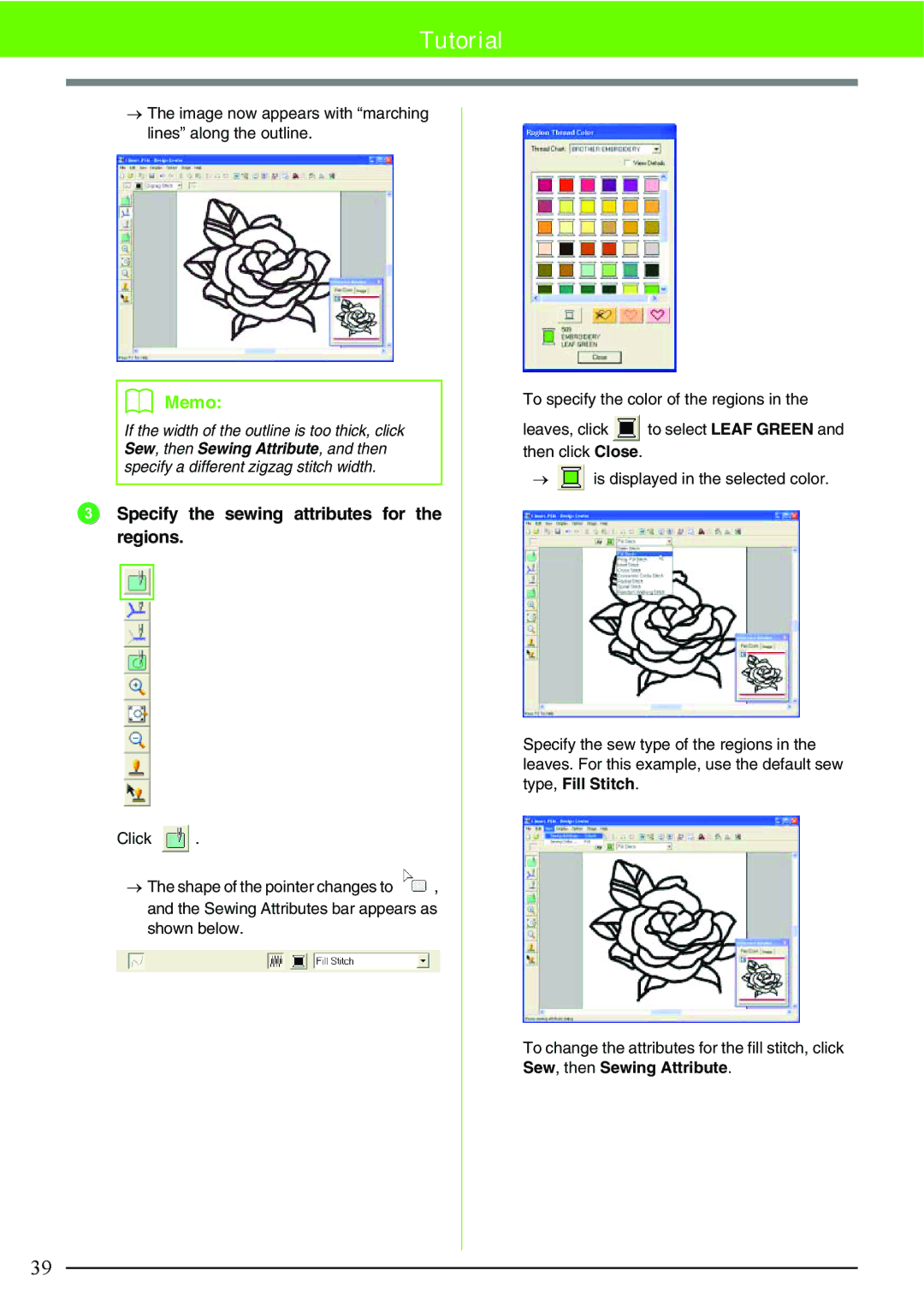 Brother PE-DESIGN V7 instruction manual Specify the sewing attributes for the regions 