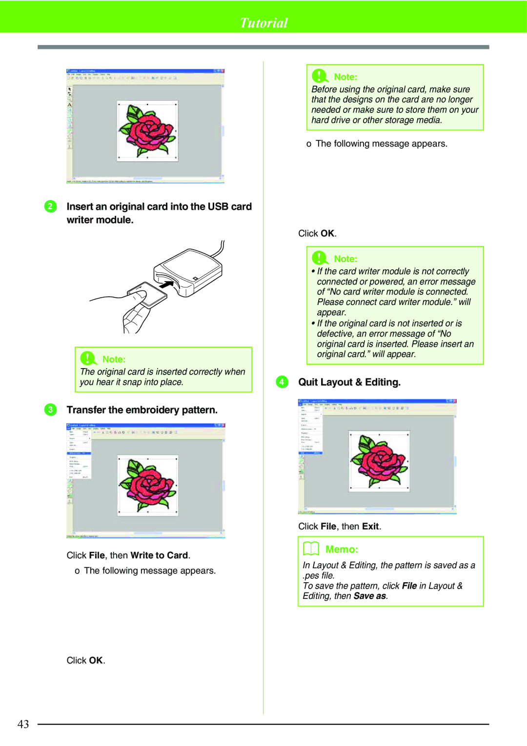 Brother PE-DESIGN V7 instruction manual Insert an original card into the USB card writer module 