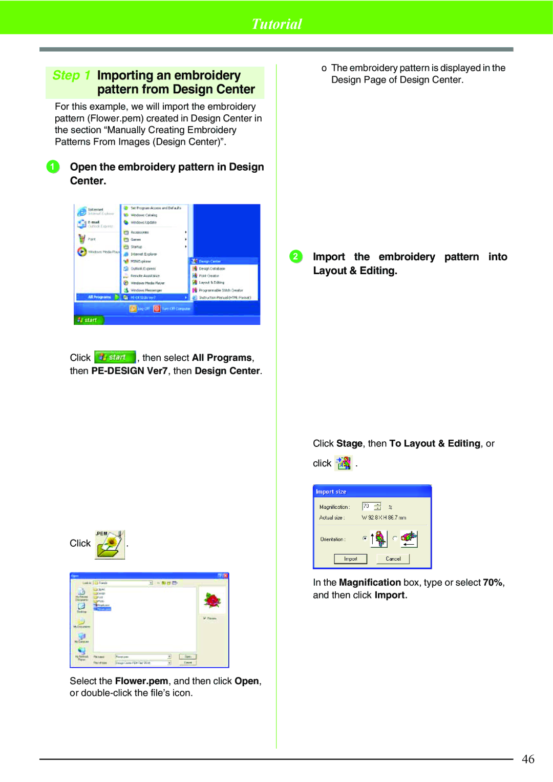 Brother PE-DESIGN V7 Importing an embroidery pattern from Design Center, Open the embroidery pattern in Design Center 