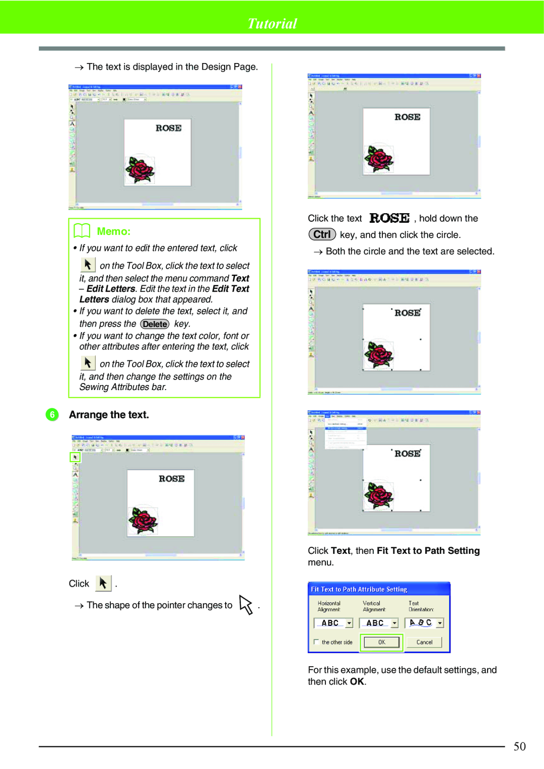 Brother PE-DESIGN V7 Arrange the text, → The text is displayed in the Design, If you want to edit the entered text, click 