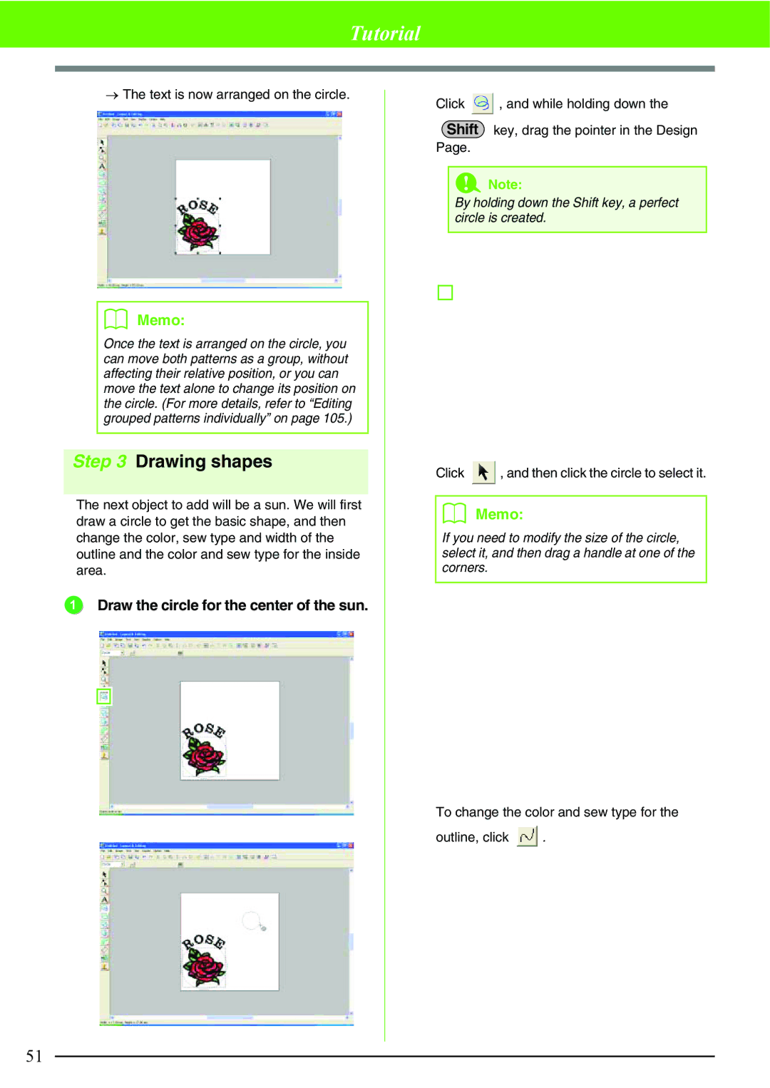 Brother PE-DESIGN V7 instruction manual Drawing shapes, Draw the circle for the center of the sun 