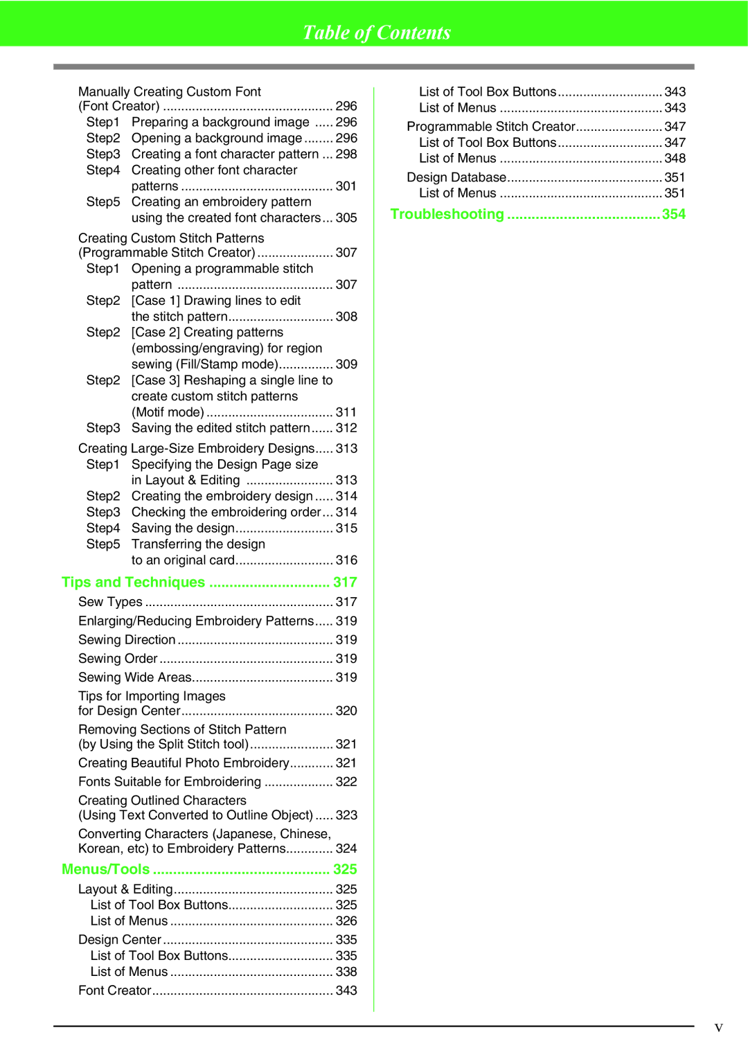 Brother PE-DESIGN V7 Manually Creating Custom Font Font Creator 296, 298, 305, 309, 313, 314, Sew Types 317, 319, 323 