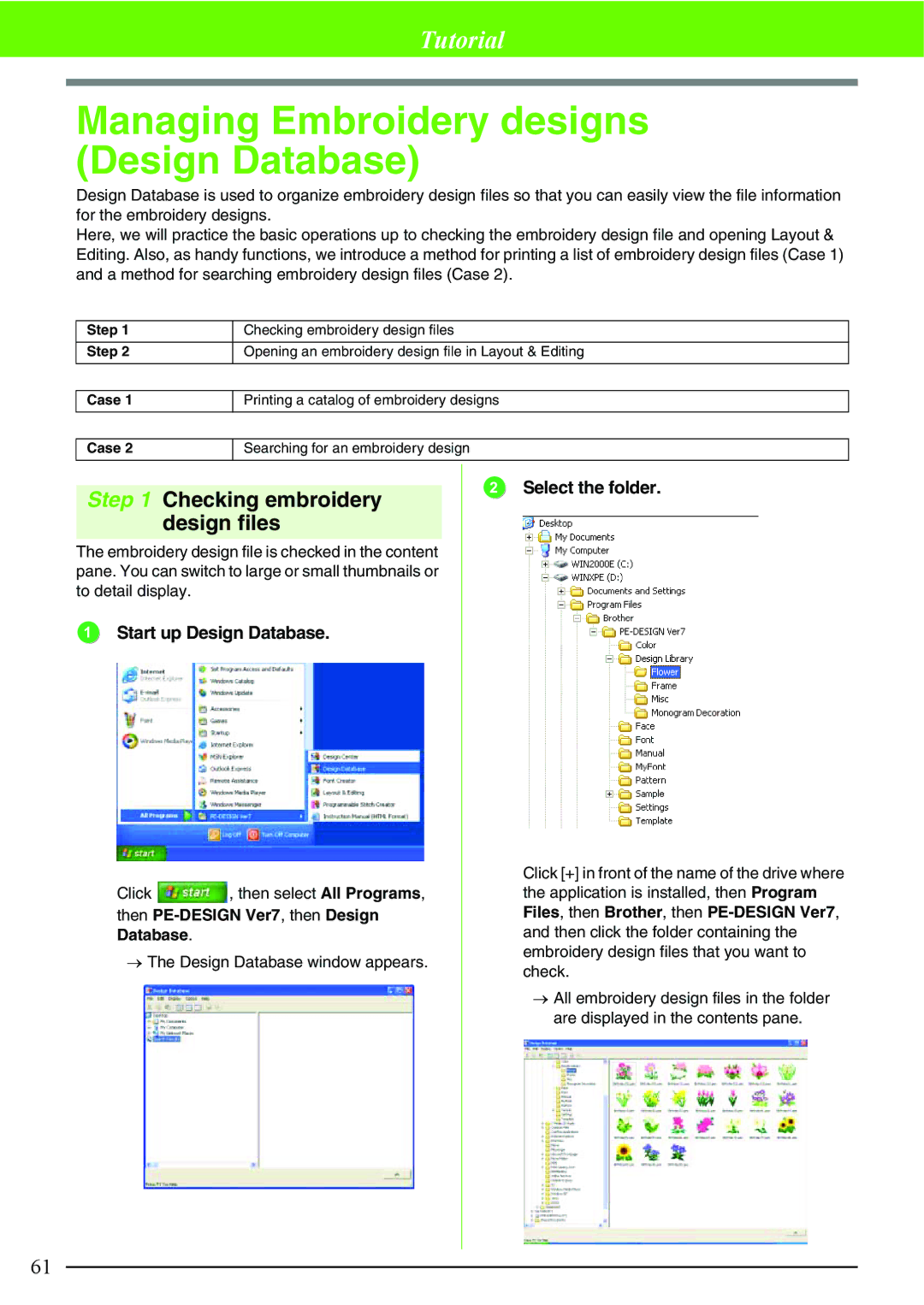 Brother PE-DESIGN V7 Managing Embroidery designs Design Database, Checking embroidery design files, Select the folder 