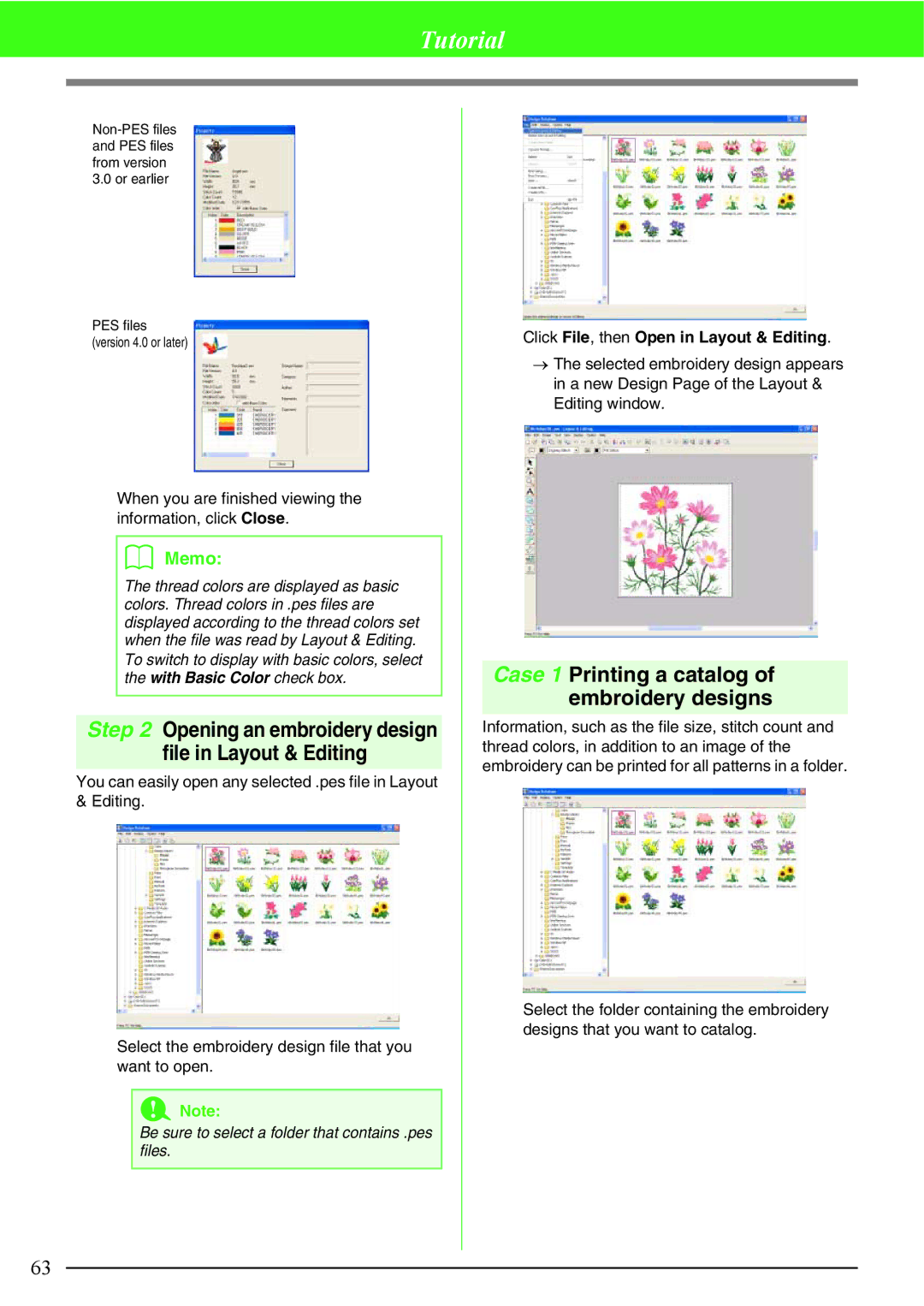 Brother PE-DESIGN V7 Case 1 Printing a catalog of embroidery designs, Be sure to select a folder that contains .pes files 