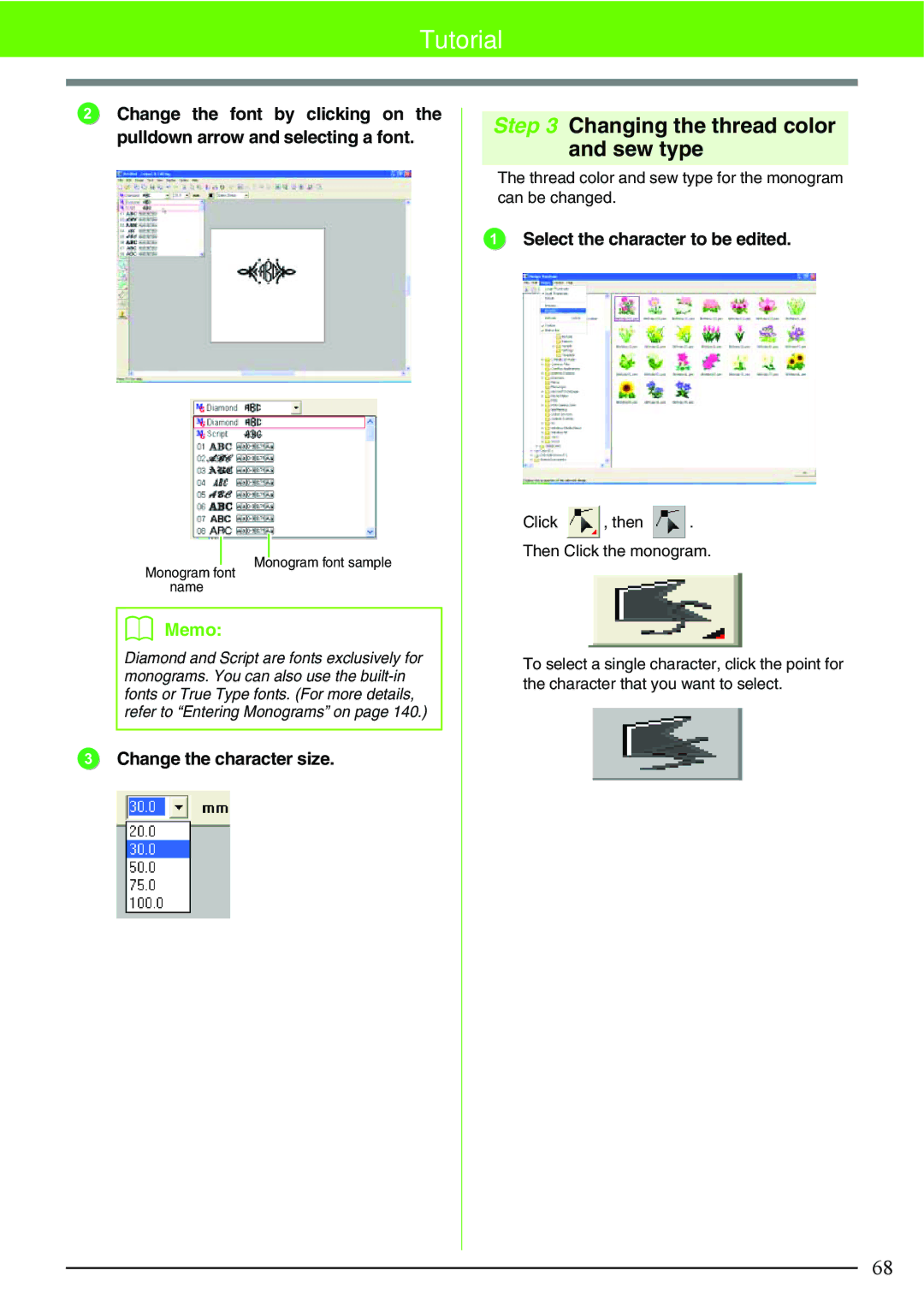 Brother PE-DESIGN V7 Changing the thread color and sew type, Change the character size, Select the character to be edited 