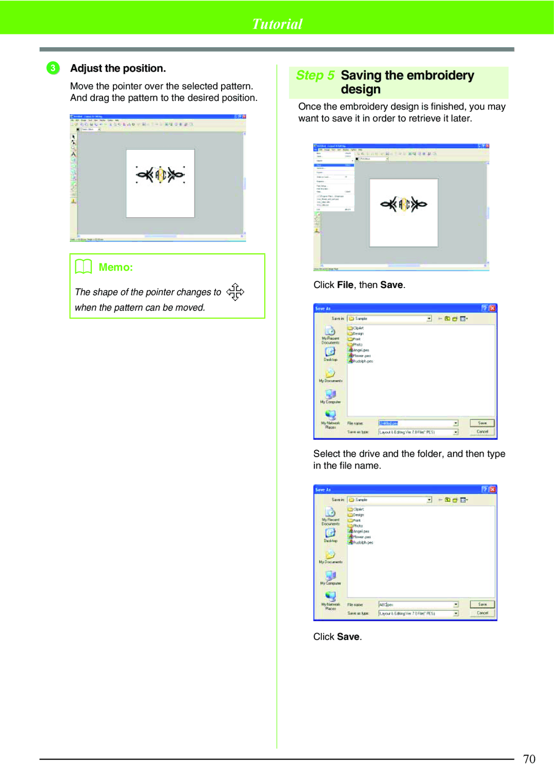 Brother PE-DESIGN V7 instruction manual Saving the embroidery design, Adjust the position 