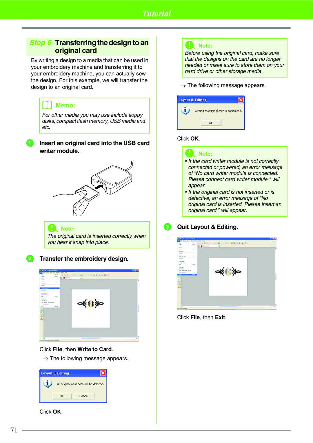 Brother PE-DESIGN V7 instruction manual Transferring the design to an original card 