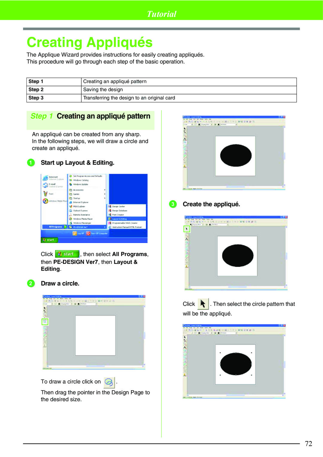 Brother PE-DESIGN V7 instruction manual Creating Appliqués, Creating an appliqué pattern, Draw a circle Create the appliqué 