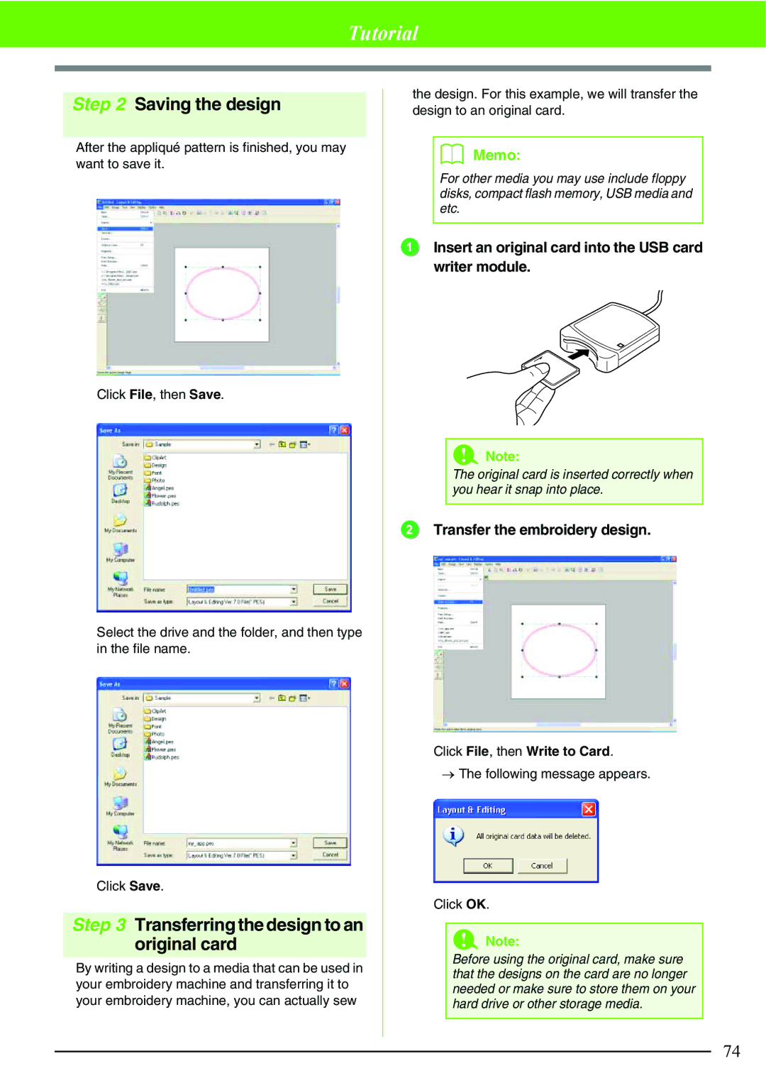 Brother PE-DESIGN V7 instruction manual Saving the design, Transferring the design to an original card 