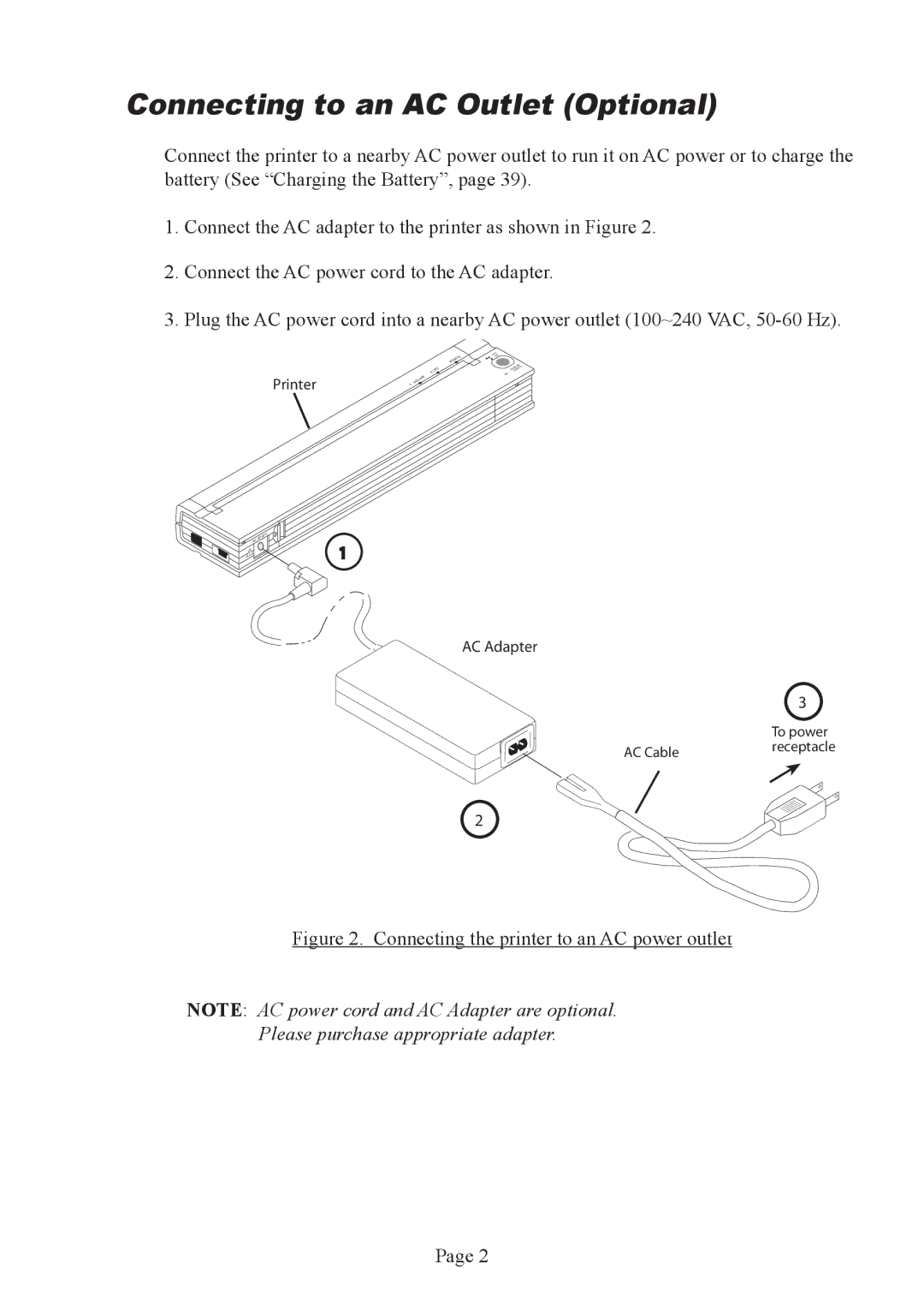 Brother PJ-522 manual Connecting to an AC Outlet Optional, Connecting the printer to an AC power outlet 