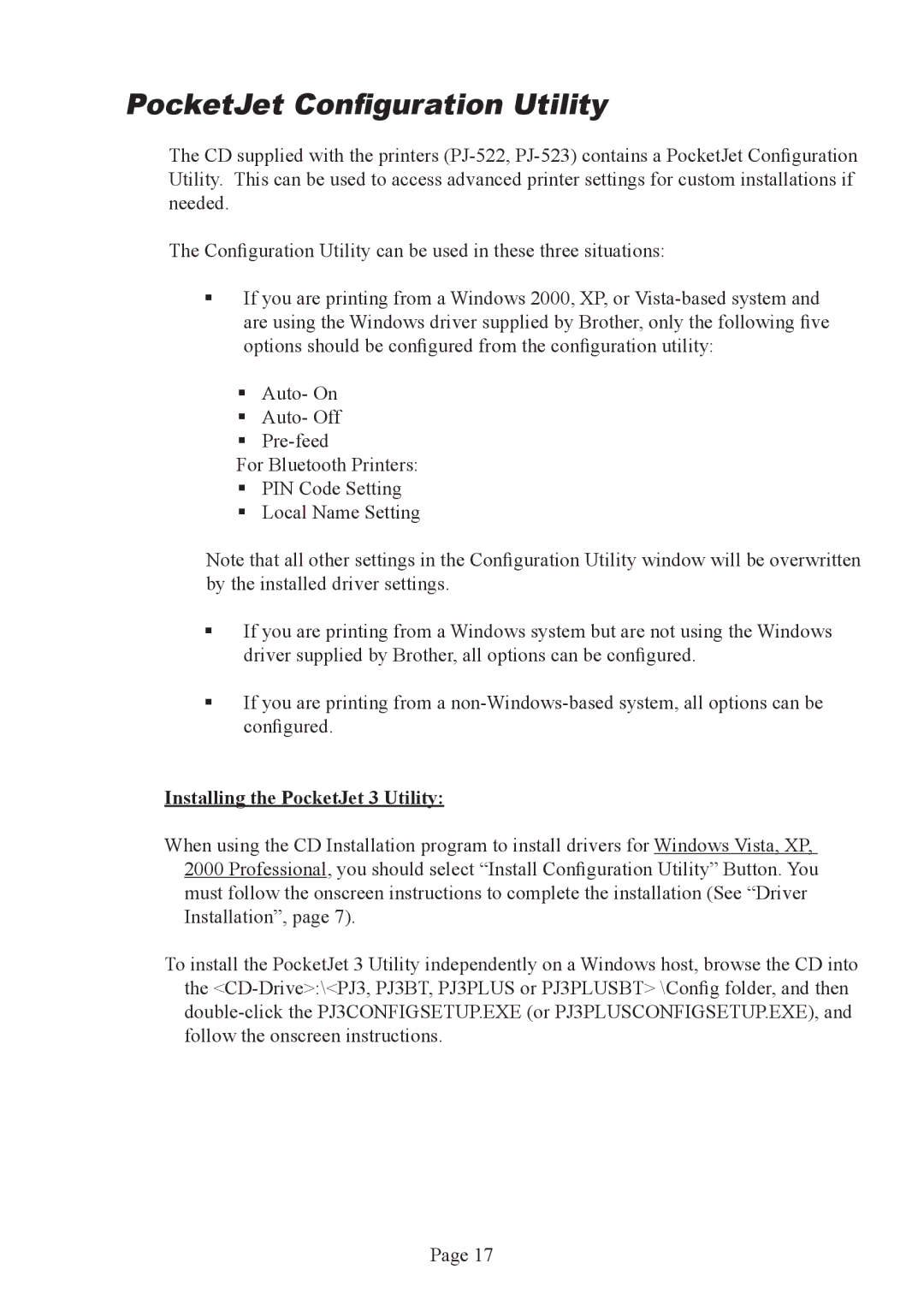 Brother PJ-522 manual PocketJet Configuration Utility, Installing the PocketJet 3 Utility 