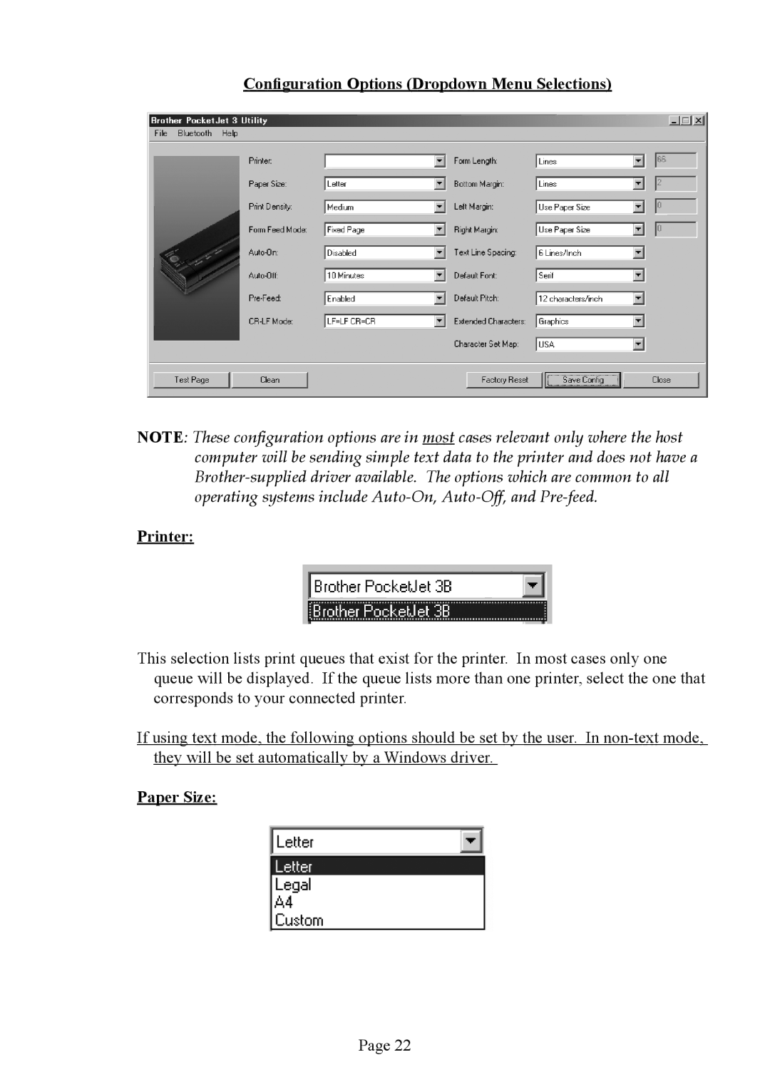 Brother PJ-522 manual Configuration Options Dropdown Menu Selections Printer, Paper Size 