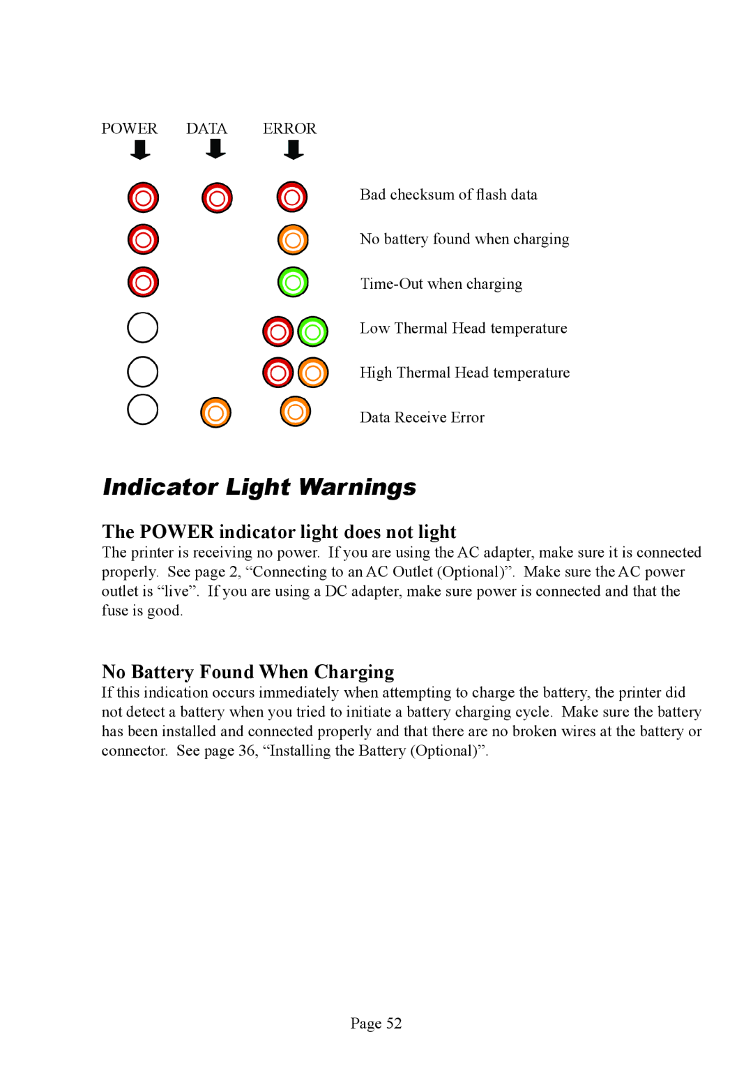 Brother PJ-522 manual Indicator Light Warnings, Power indicator light does not light, No Battery Found When Charging 