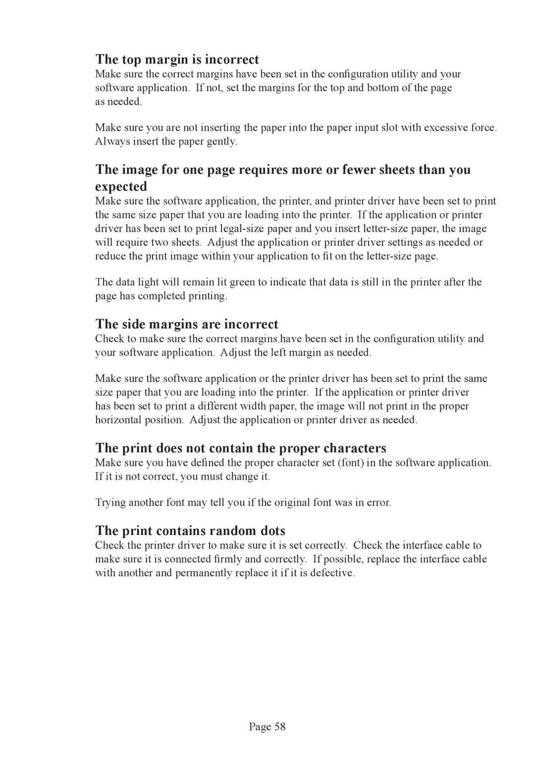 Brother PJ-522 manual Top margin is incorrect, Side margins are incorrect, Print does not contain the proper characters 