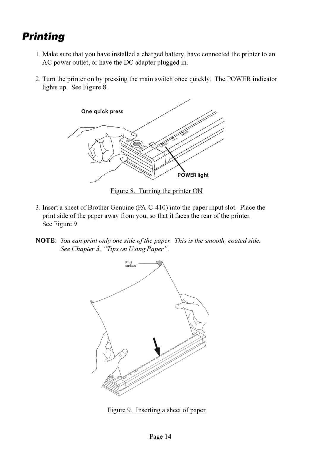 Brother PJ-563, PJ-523, PJ-562 manual Printing, Inserting a sheet of paper 