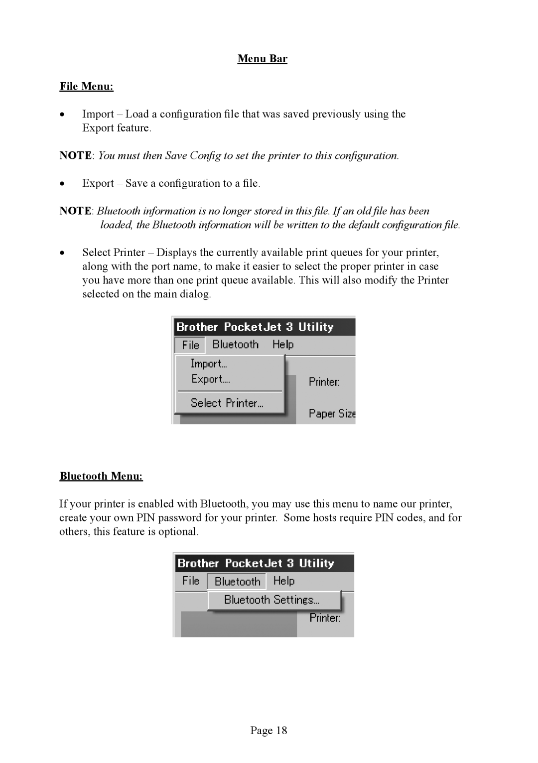 Brother PJ-523, PJ-563, PJ-562 manual Menu Bar File Menu, Bluetooth Menu 