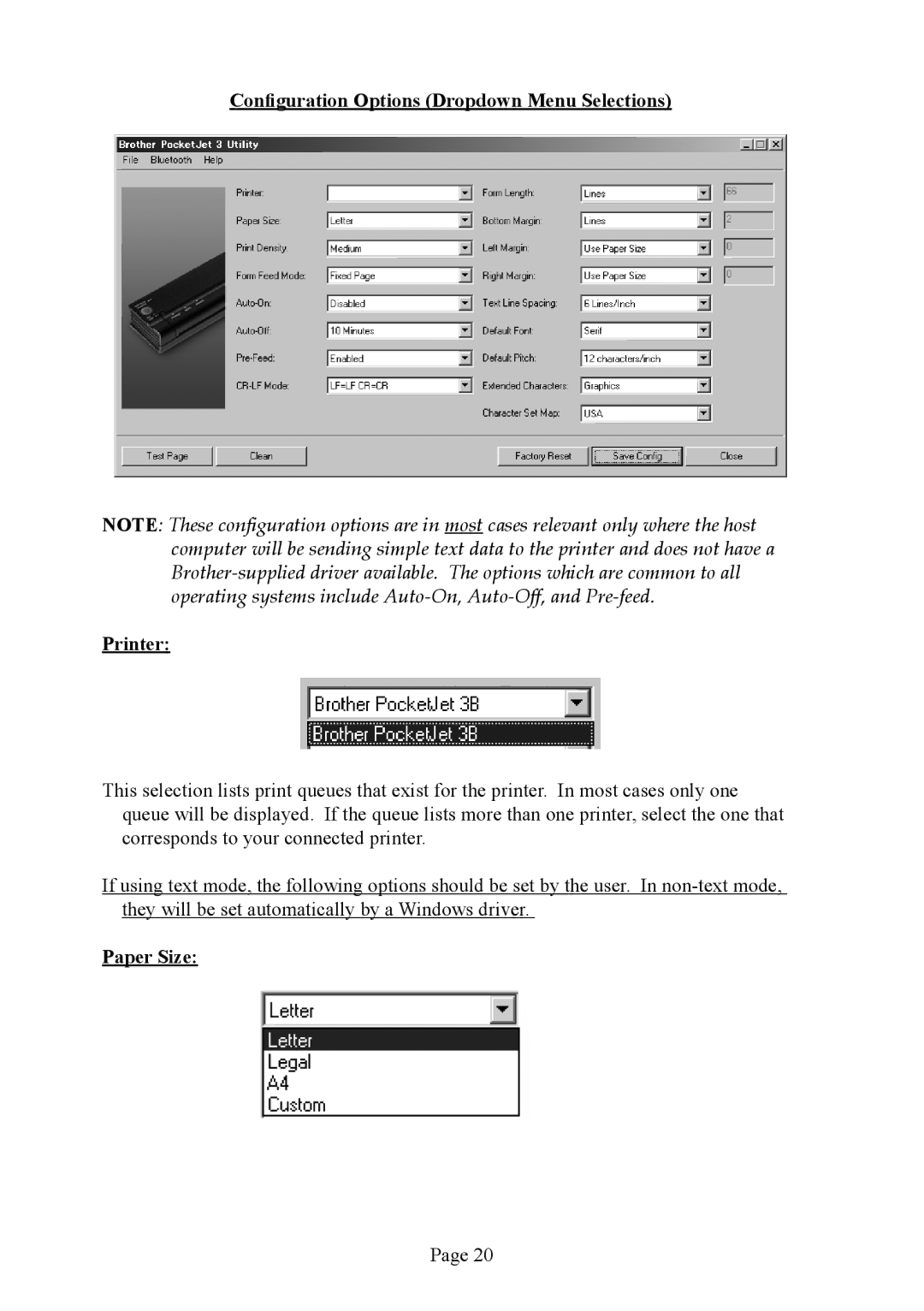 Brother PJ-563, PJ-523, PJ-562 manual Conﬁguration Options Dropdown Menu Selections Printer, Paper Size 