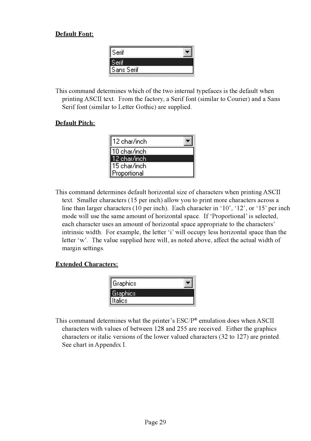 Brother PJ-563, PJ-523, PJ-562 manual Default Font, Default Pitch, Extended Characters 