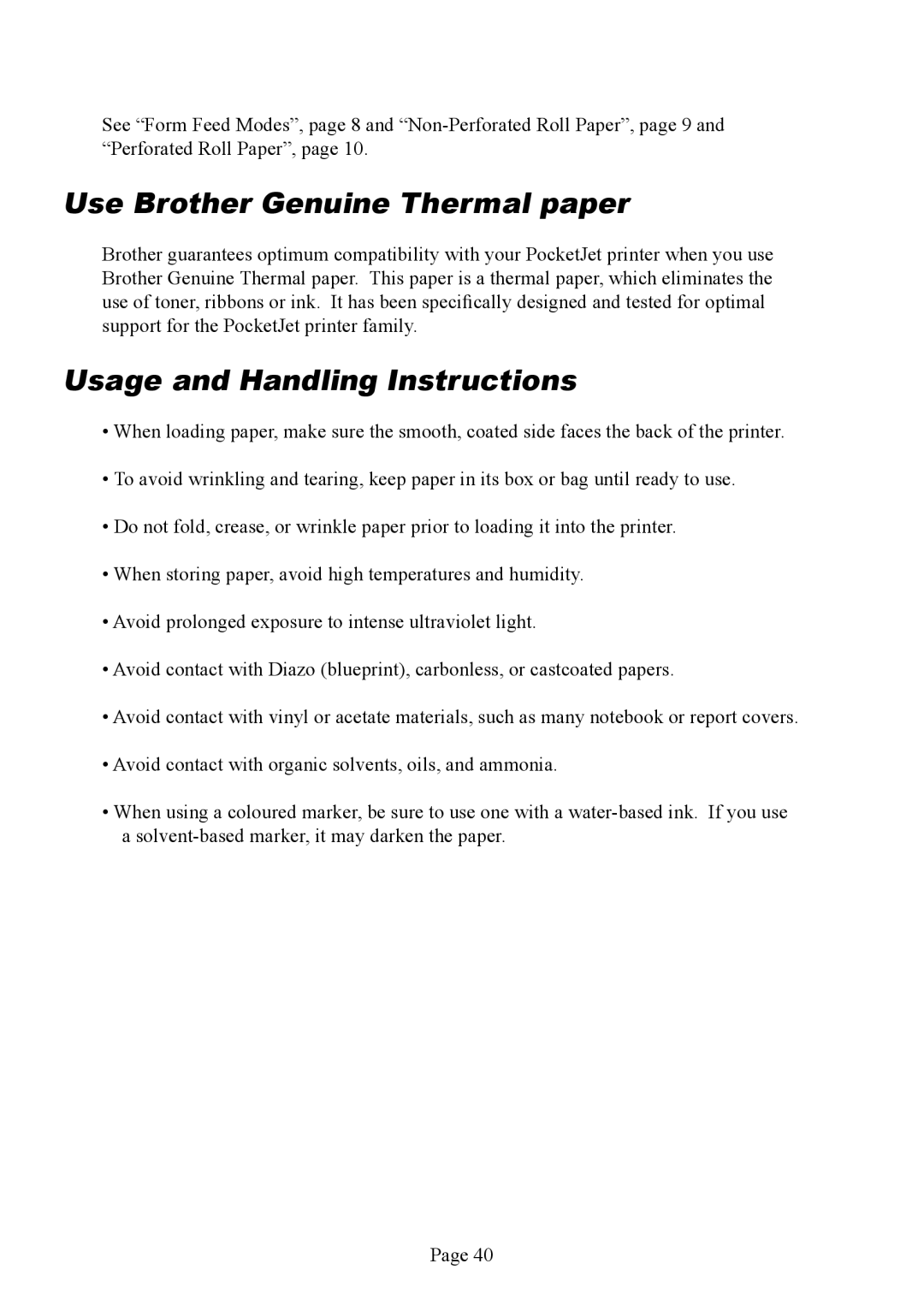 Brother PJ-562, PJ-563, PJ-523 manual Use Brother Genuine Thermal paper, Usage and Handling Instructions 