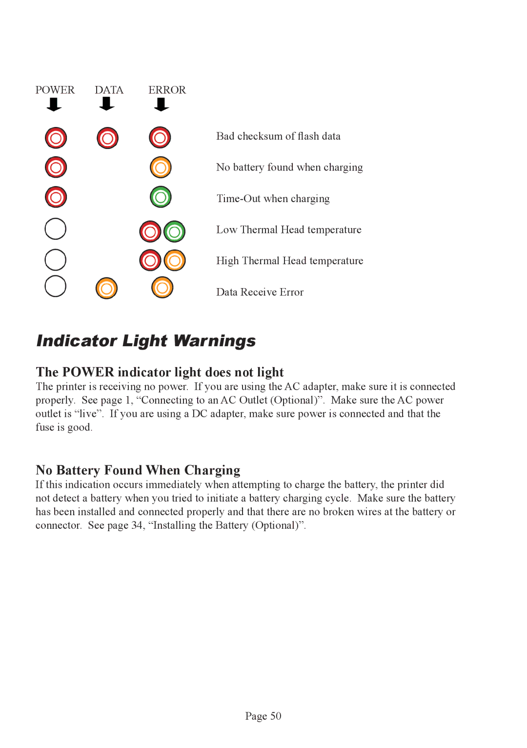 Brother PJ-563, PJ-523, PJ-562 manual Indicator Light Warnings 