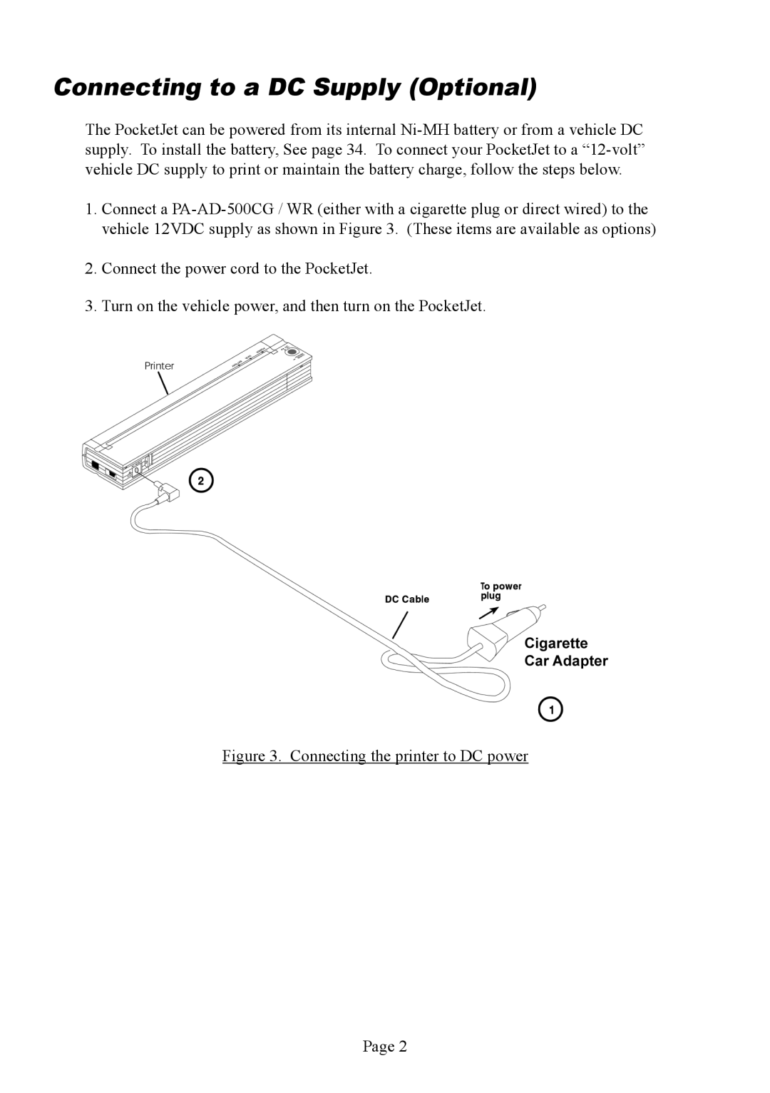 Brother PJ-563, PJ-523, PJ-562 manual Connecting to a DC Supply Optional, Connecting the printer to DC power 