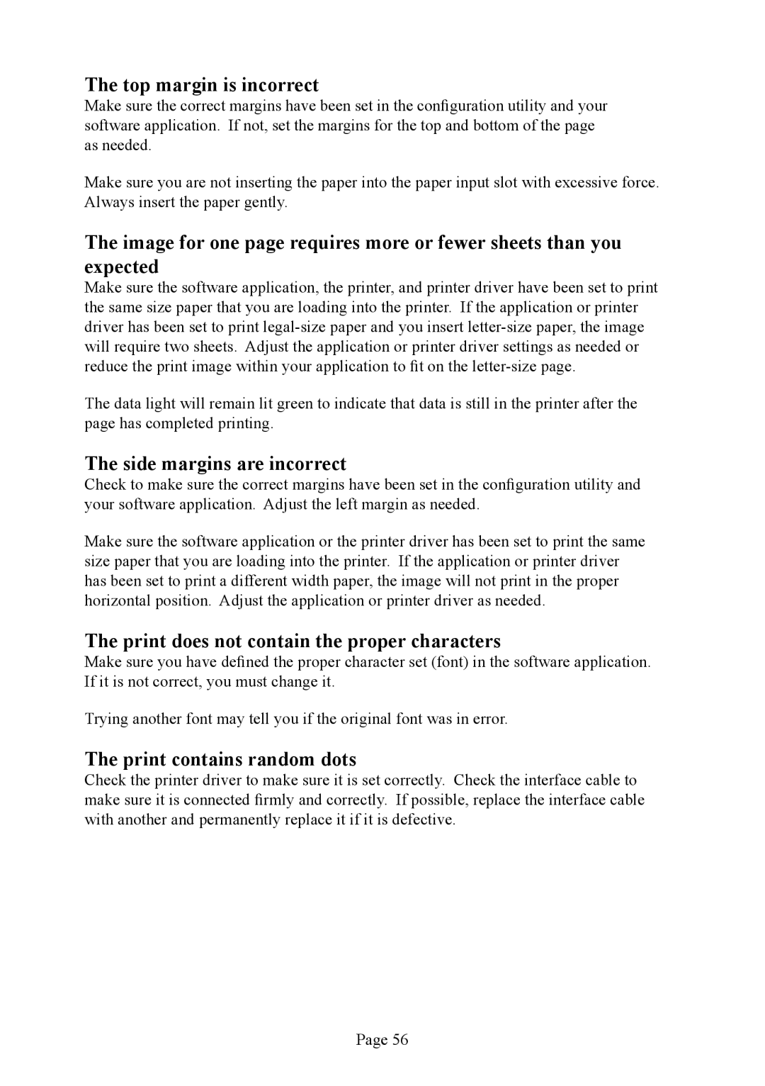 Brother PJ-563, PJ-523 Top margin is incorrect, Side margins are incorrect, Print does not contain the proper characters 