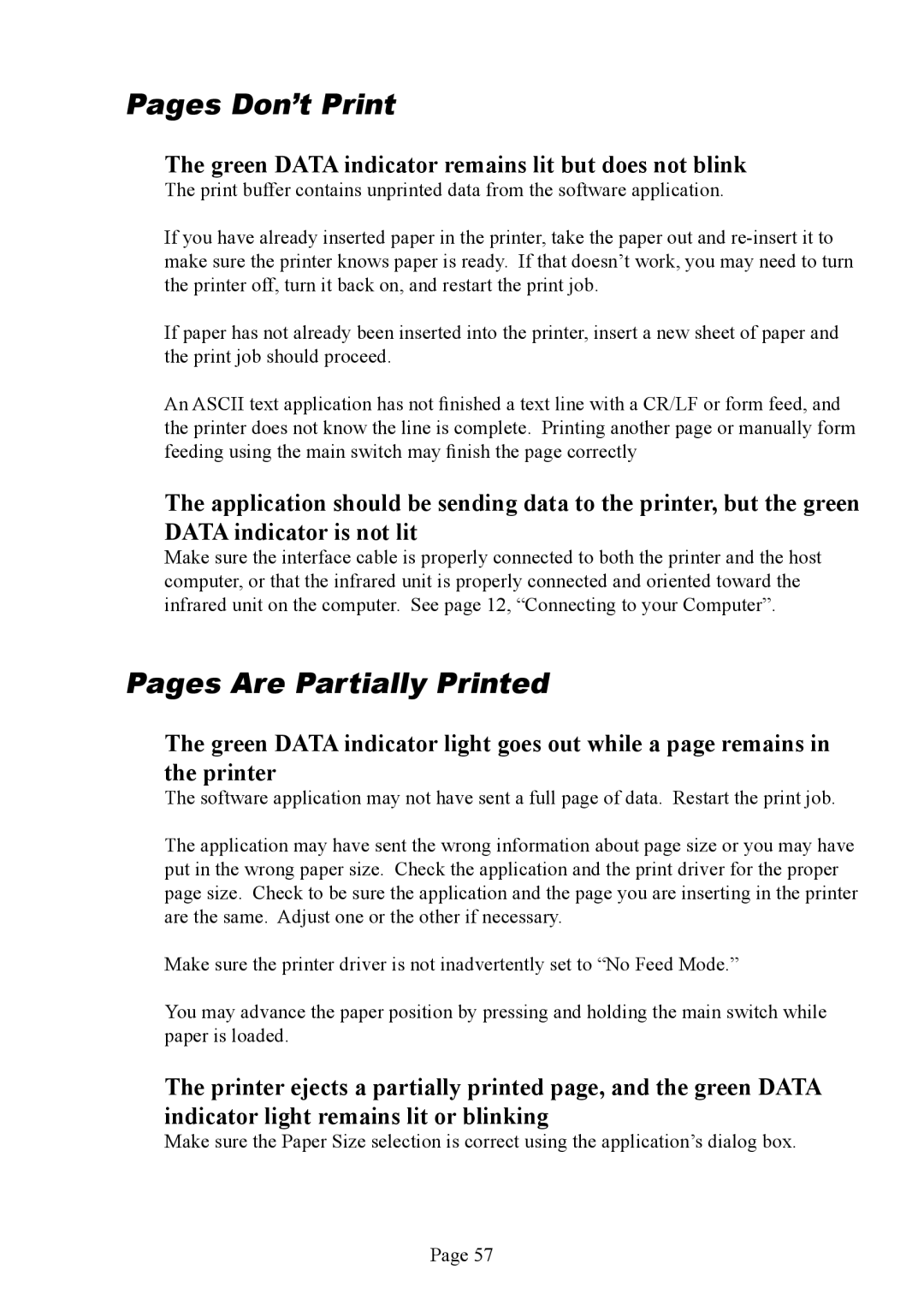 Brother PJ-523, PJ-563 Pages Don’t Print, Pages Are Partially Printed, Green Data indicator remains lit but does not blink 