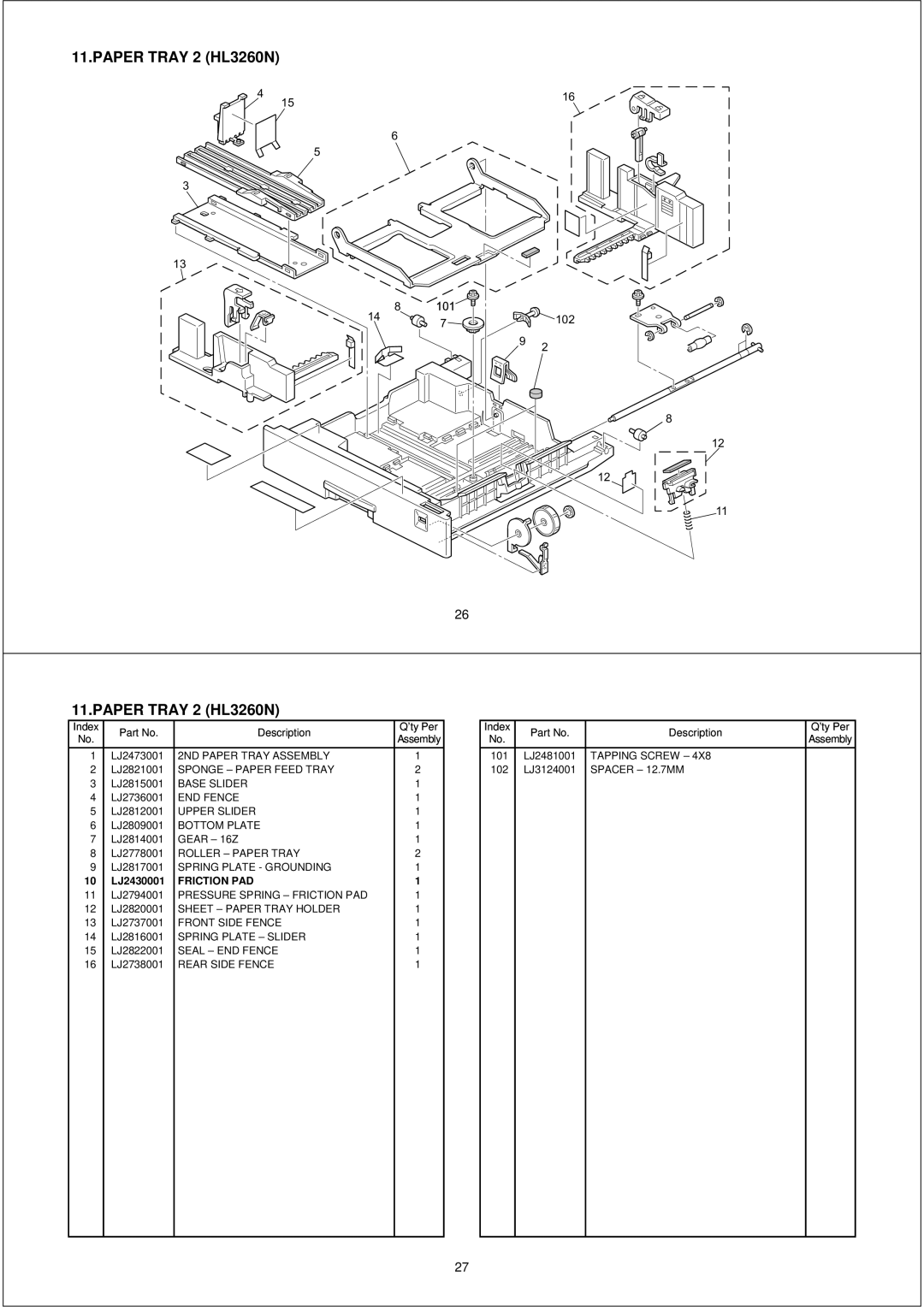 Brother PL-PRN015 manual Paper Tray 2 HL3260N, 2ND Paper Tray Assembly 